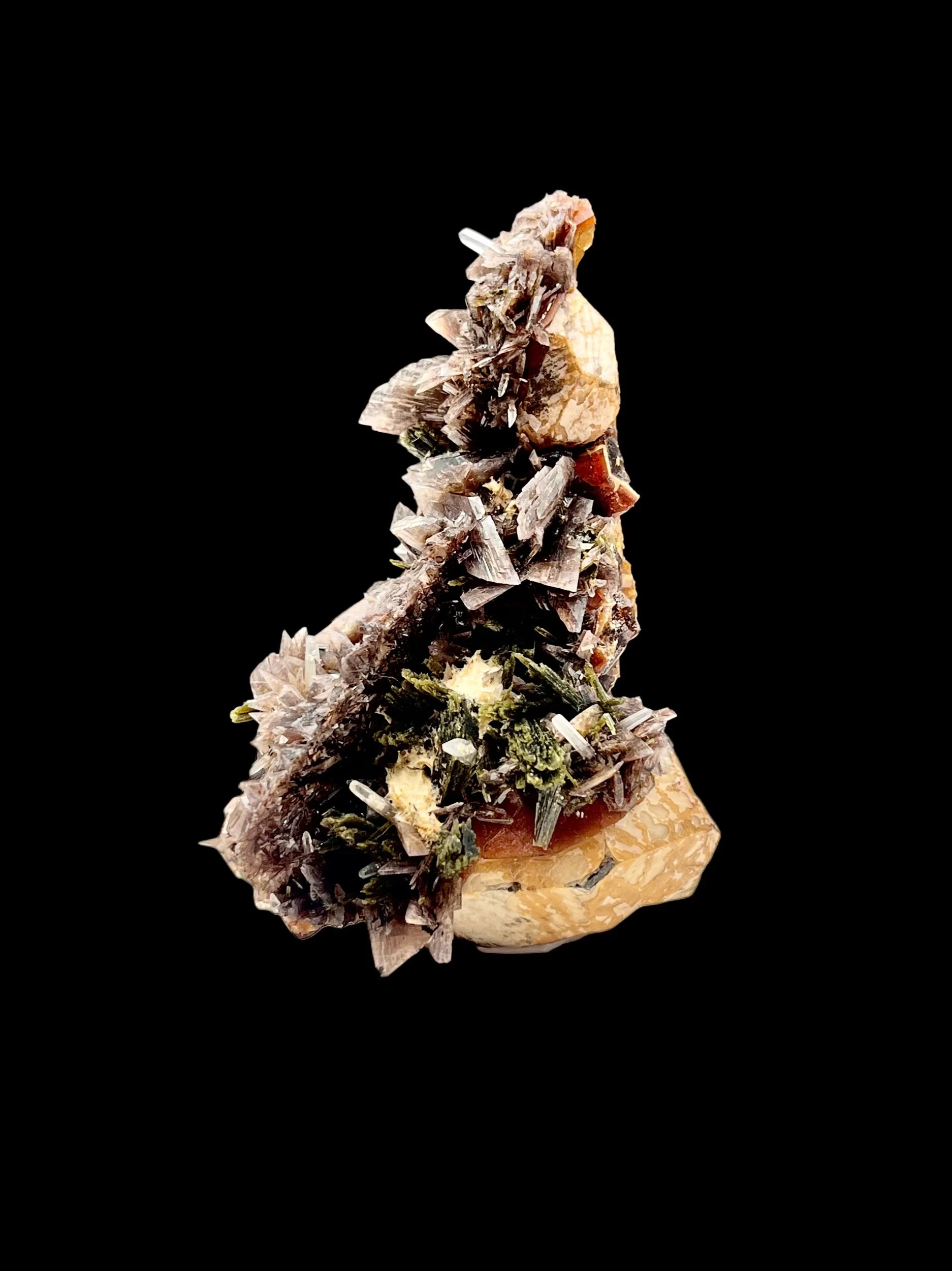 sharp axinite crystals with green epidote sprays Peru mineral specimen