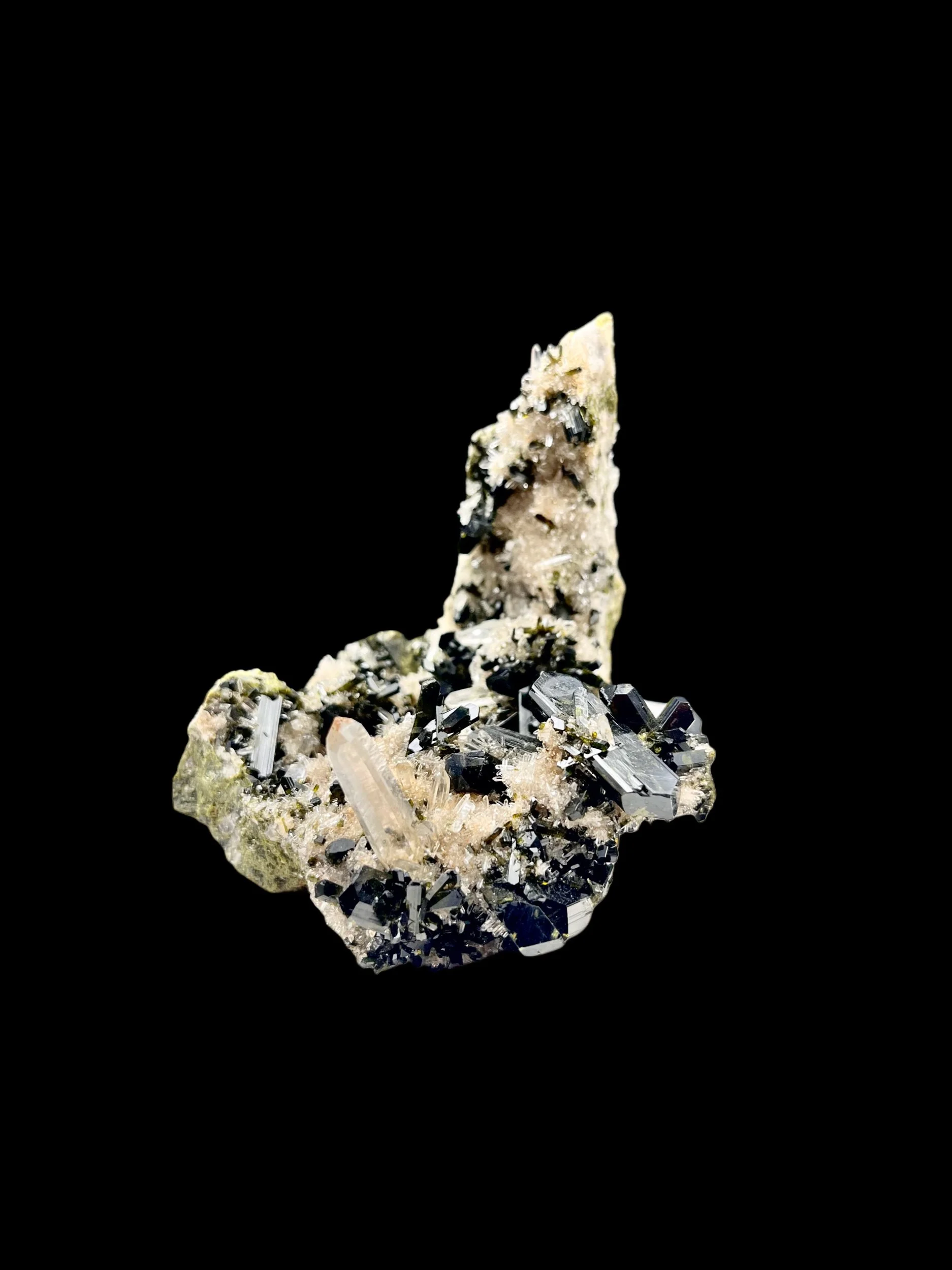 sculptural epidote mineral specimen with drusy quartz Huaros Peru