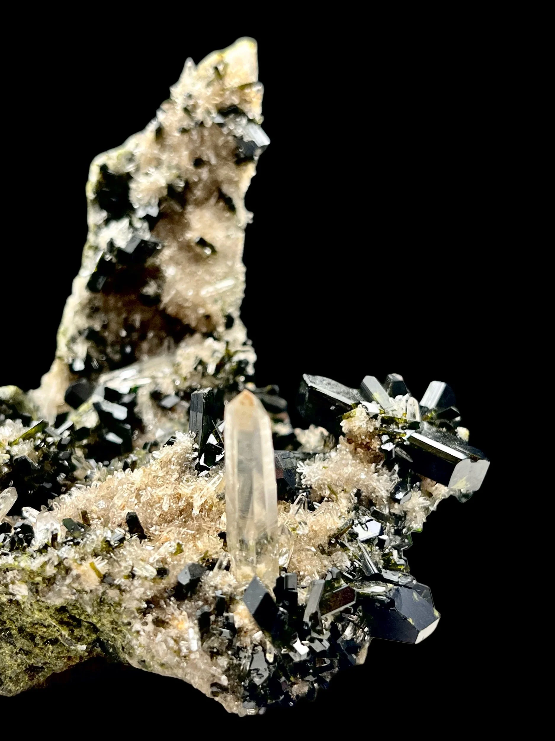 lustrous epidote crystal cluster with quartz Peru mineral specimen