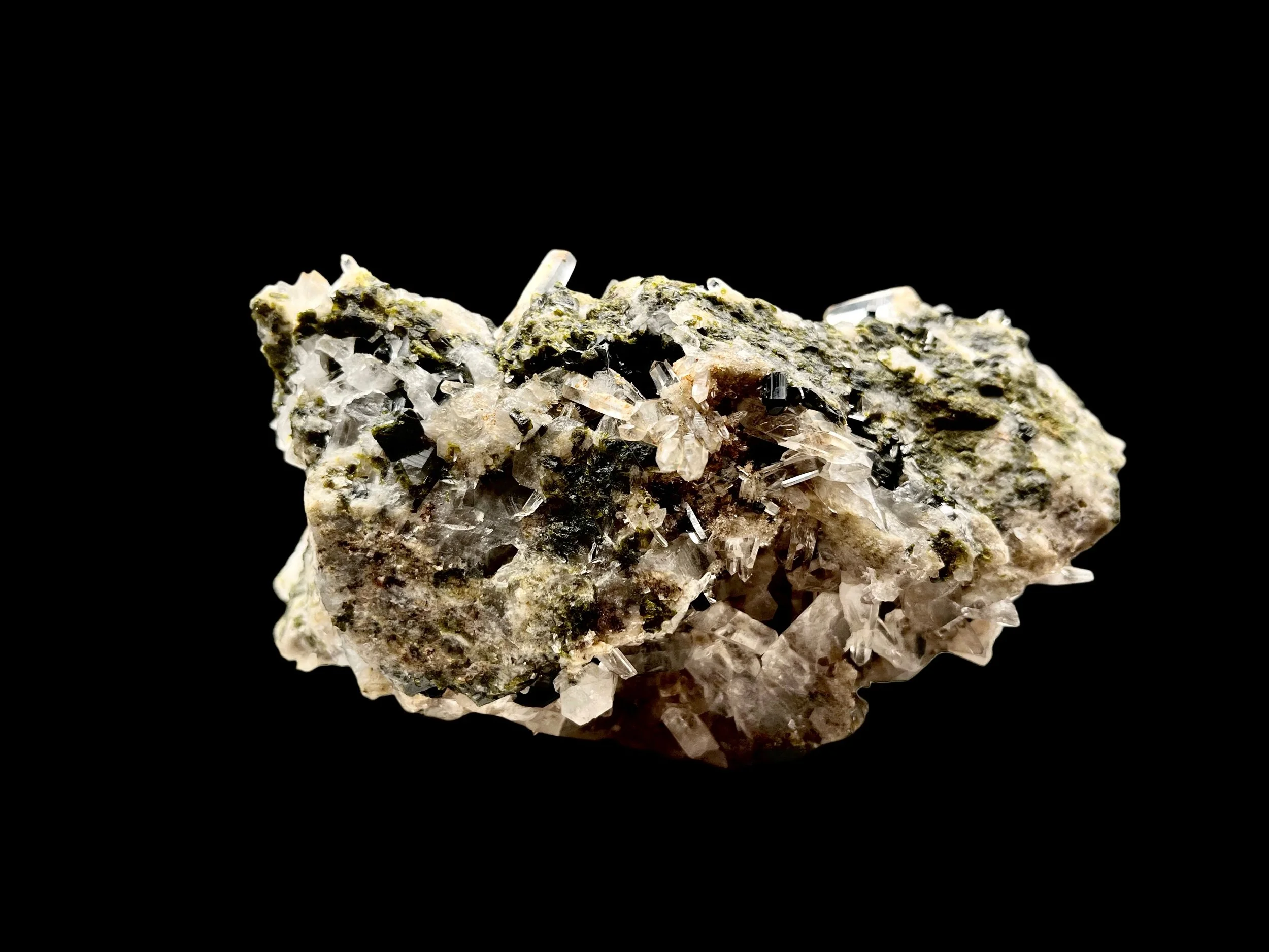 drusy quartz and epidote crystal cluster Peru mineral specimen