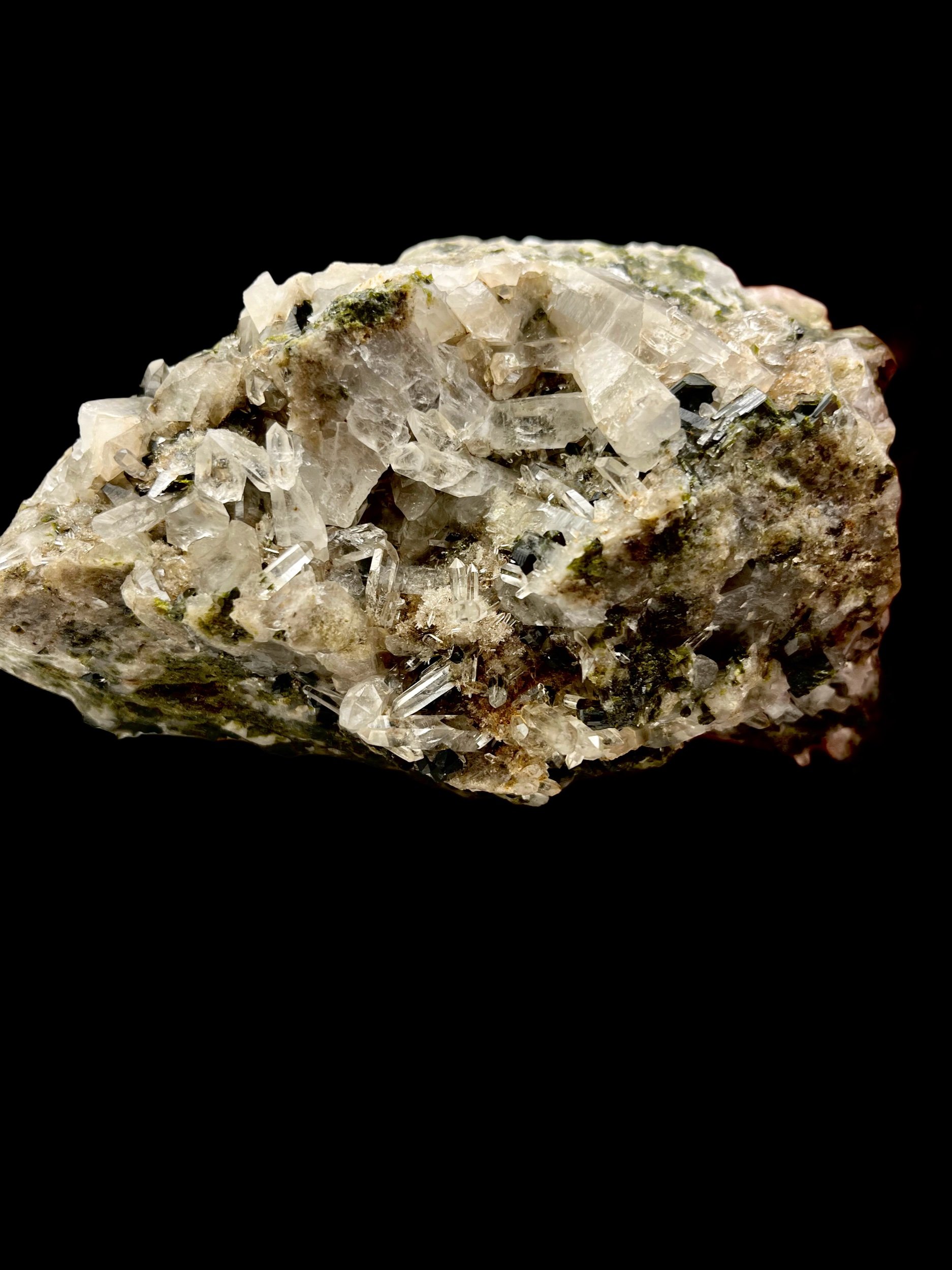 detailed quartz crystals with dark epidote Huaros Peru mineral specimen