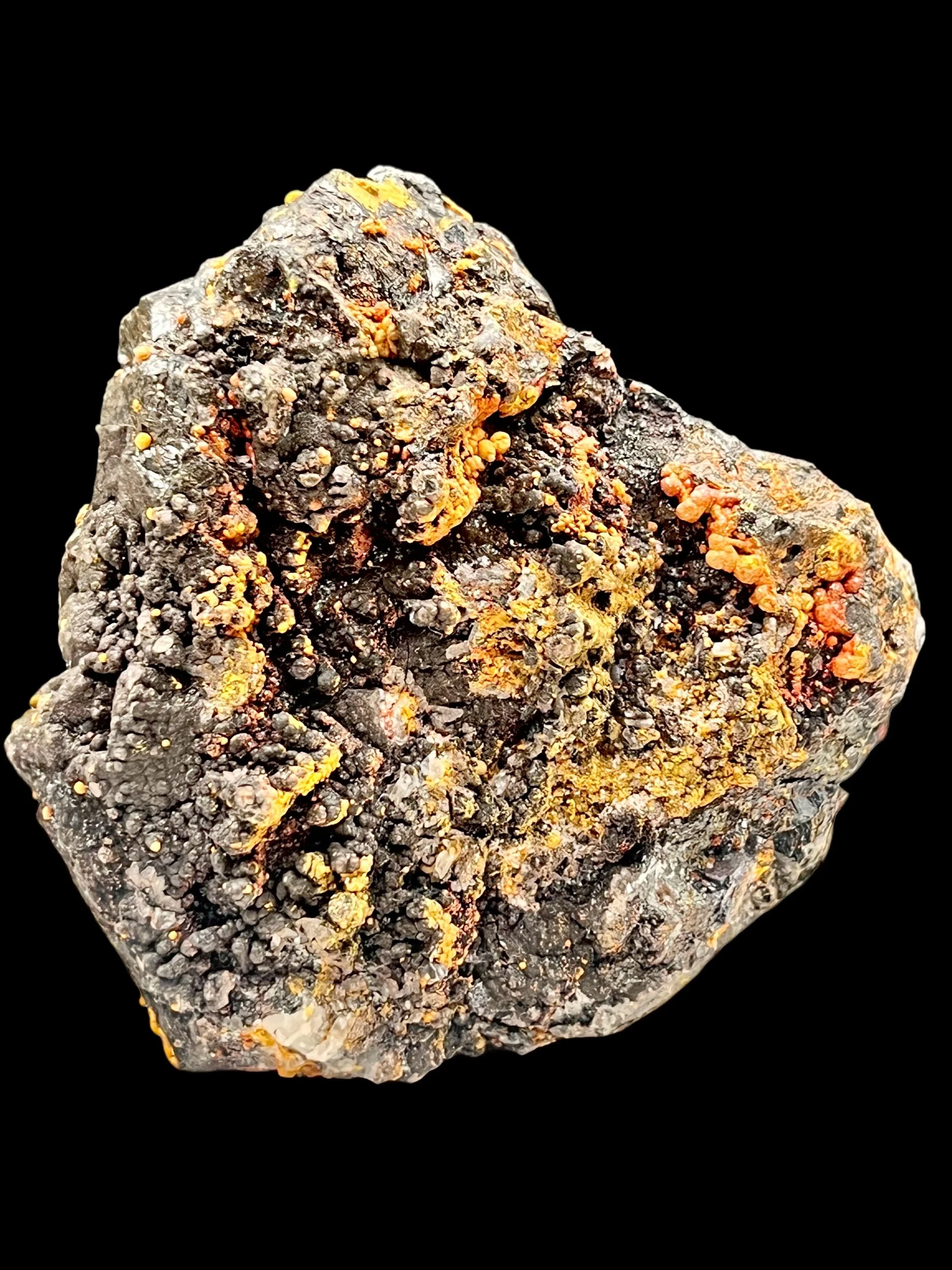 bright orange realgar clusters on metallic galena Peru mineral specimen