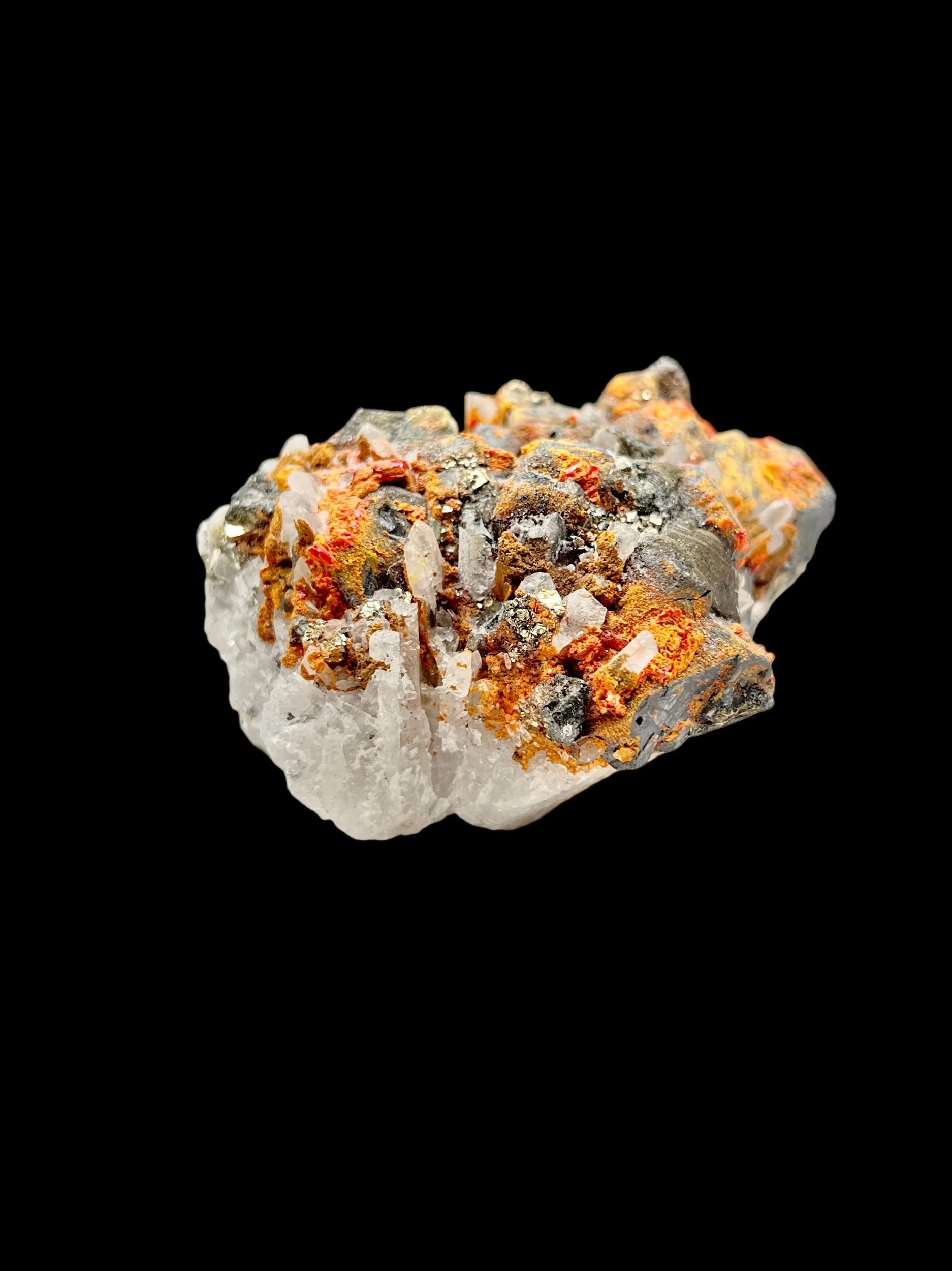 quartz crystal cluster with realgar and galena Palomo Mine Peru
