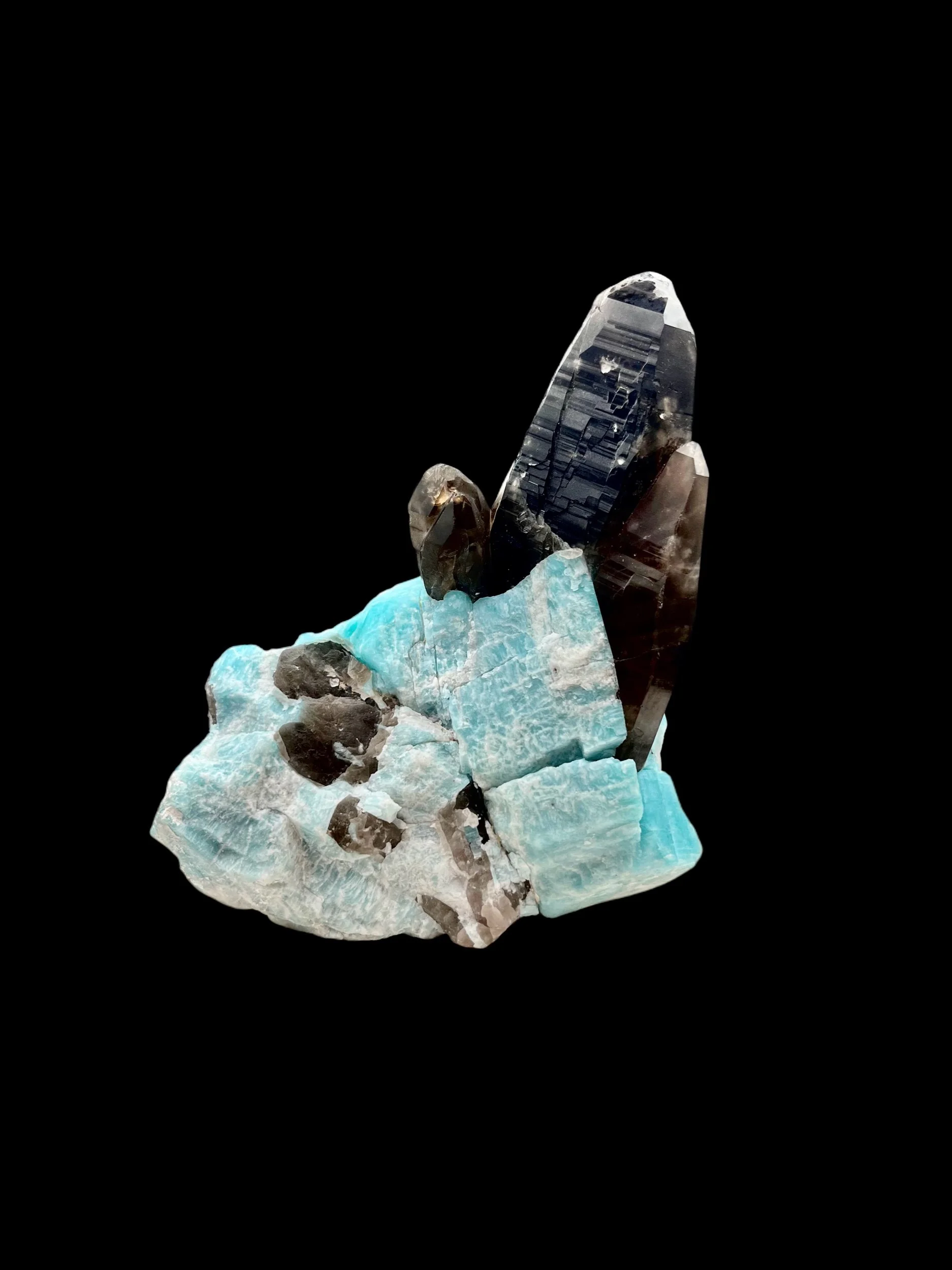 Blue amazonite with dark smoky quartz crystals from Colorado mineral specimen