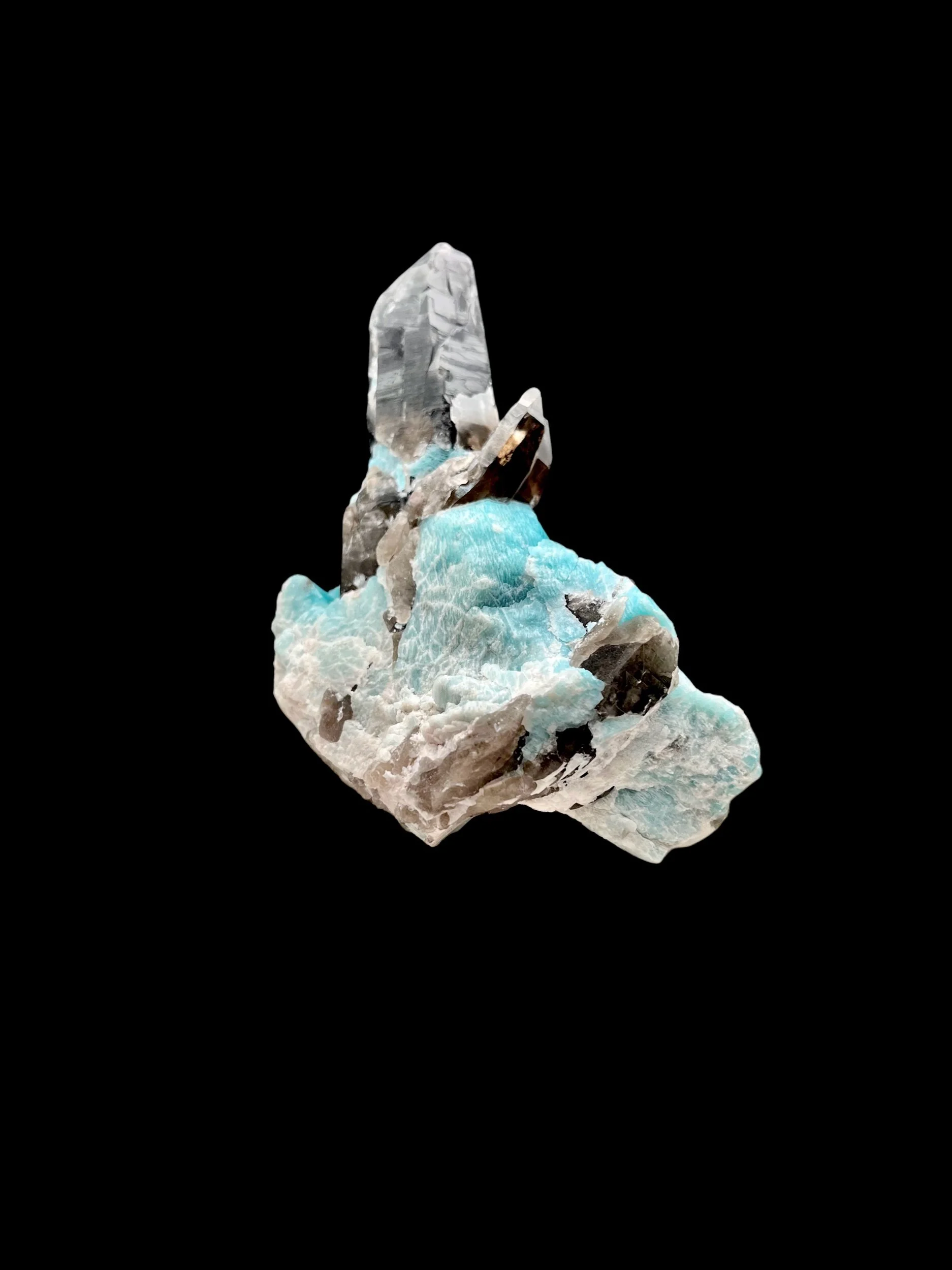 Amazonite and smoky quartz crystal cluster on feldspar matrix from Pikes Peak Colorado pegmatite
