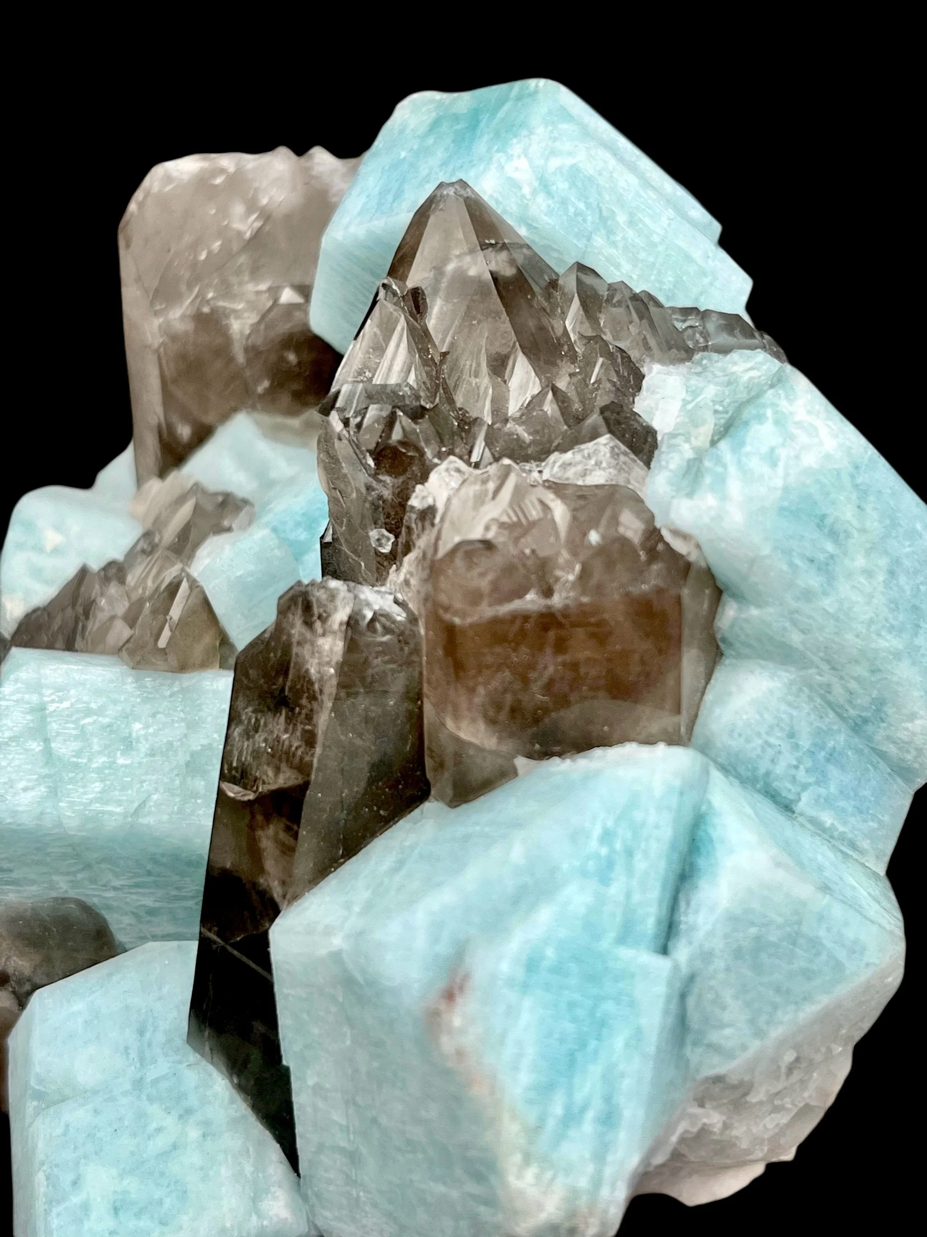 Blue amazonite crystals with smoky quartz points Colorado mineral specimen