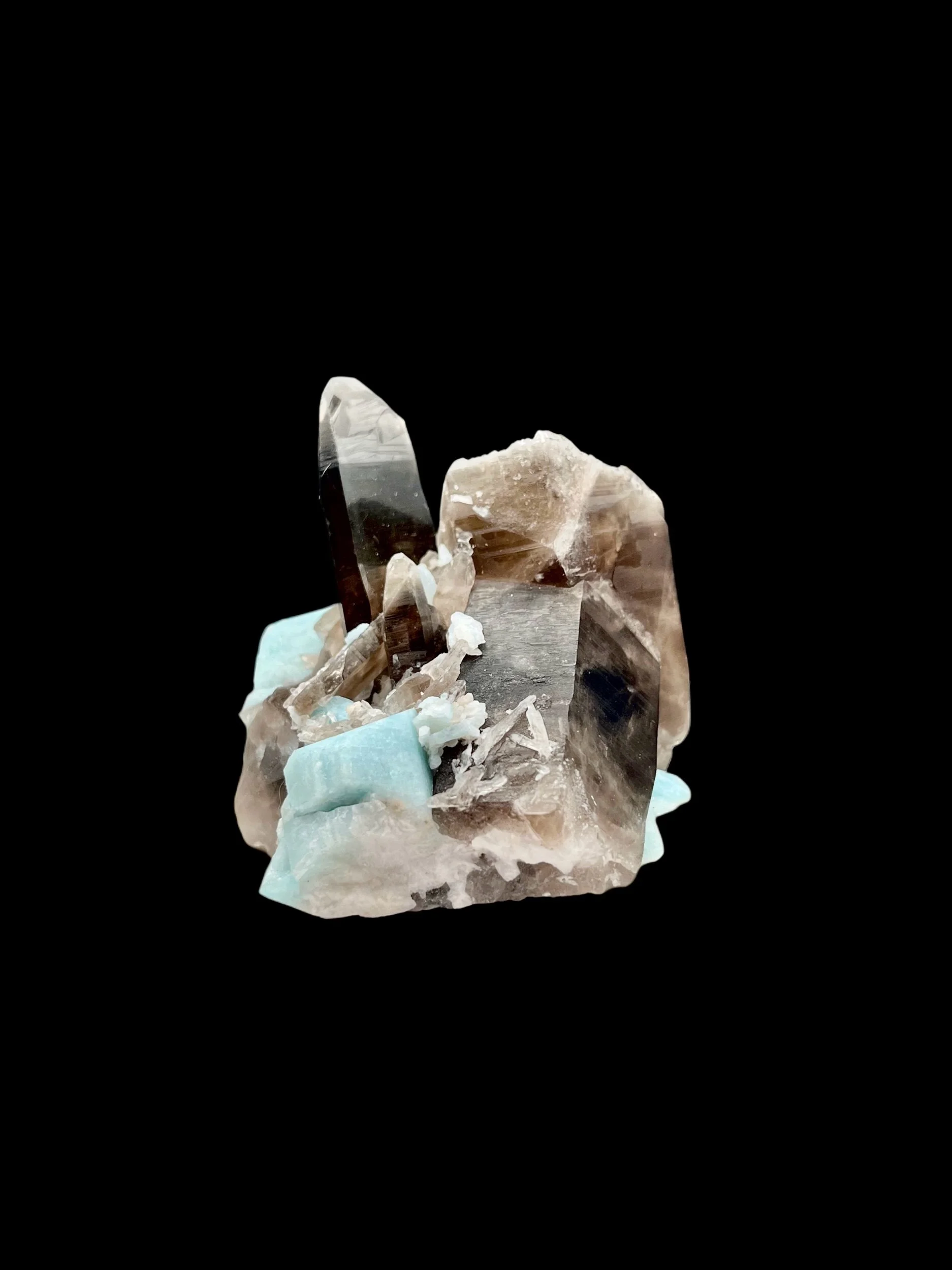 Blue amazonite with smoky quartz crystal collector mineral