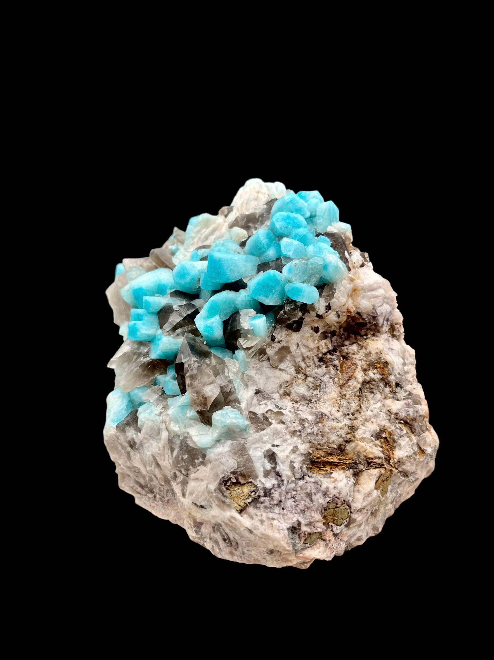 Vibrant amazonite with smoky quartz crystals statement piece