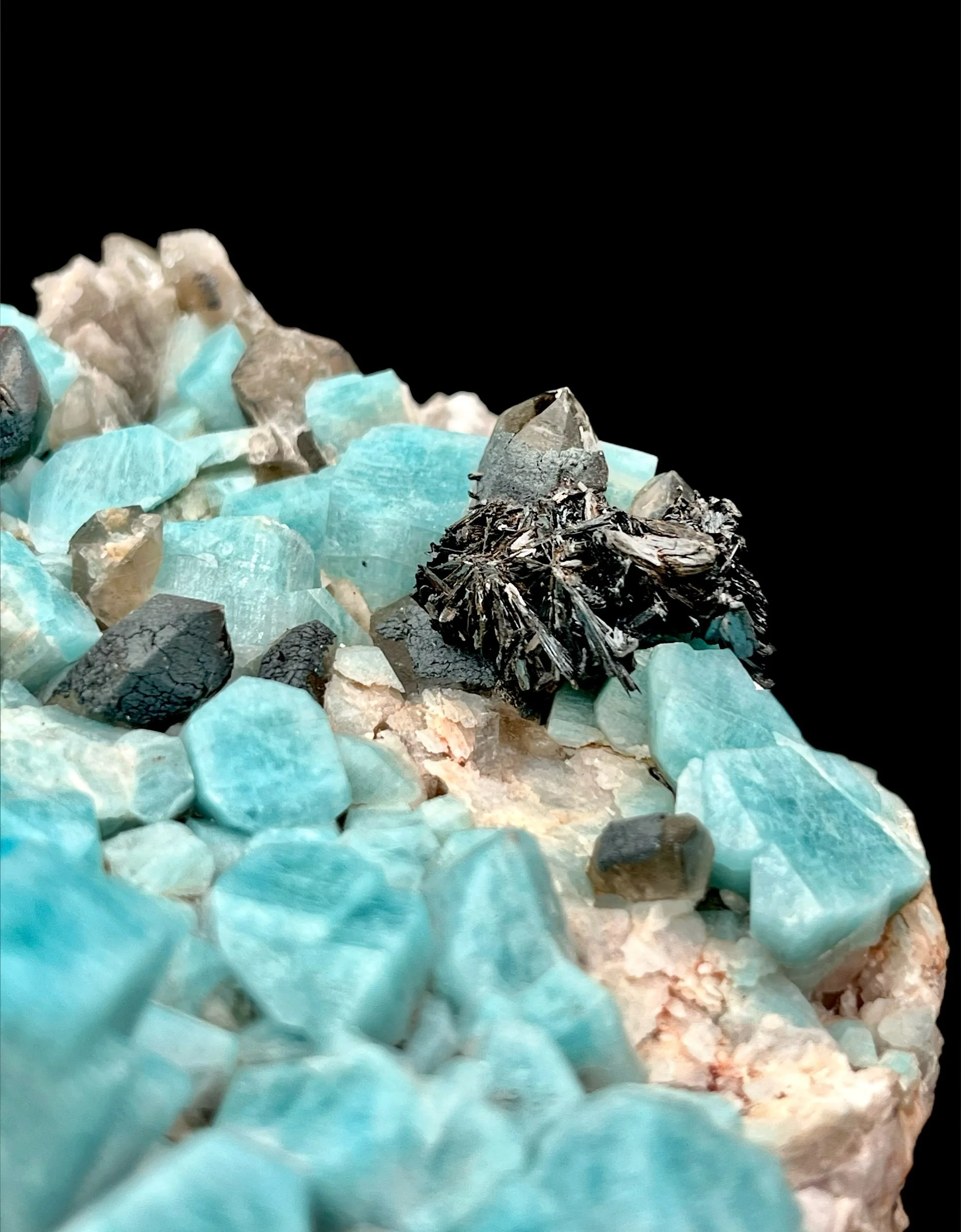 Blue amazonite crystals with smoky quartz and black goethite aggregates