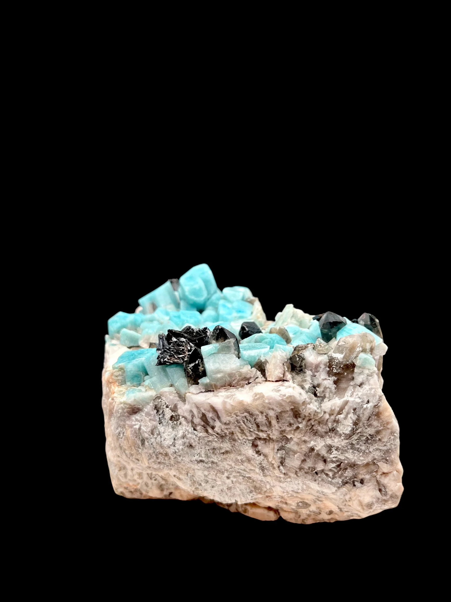 goethite on amazonite with smoky quartz crystals Colorado