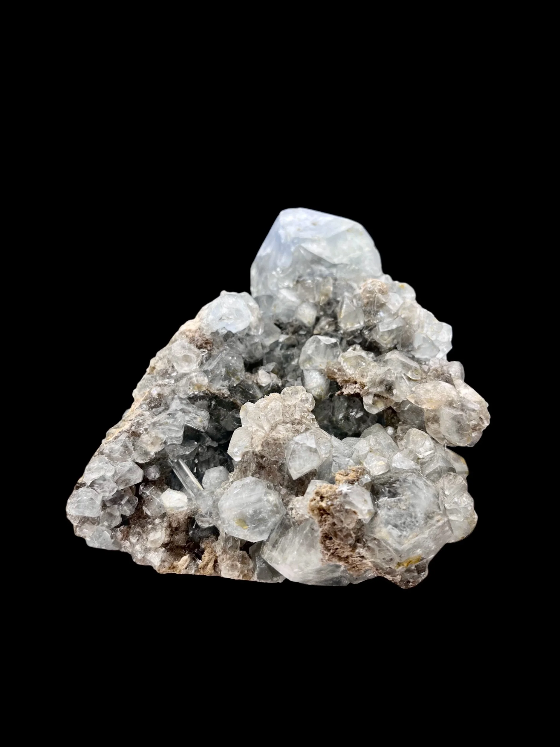 pale blue celestite crystal cluster with large top crystal on matrix