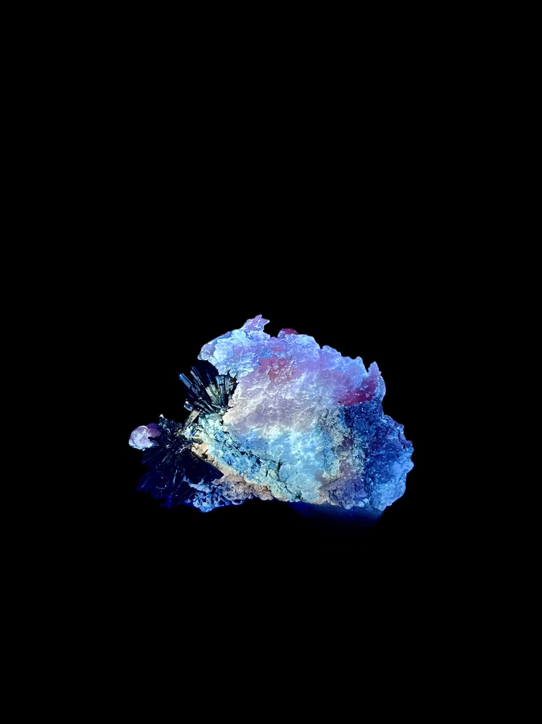 Stibnite on calcite fluorescent matrix silver metallic crystal cluster display specimen