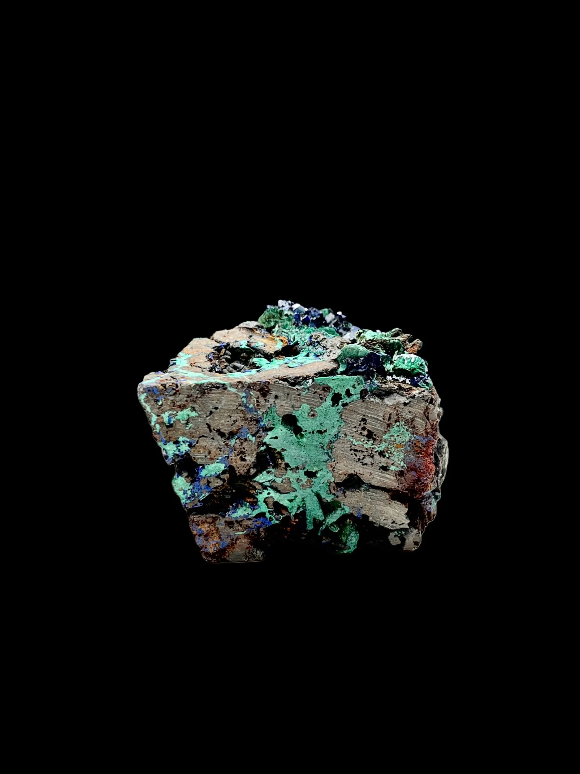 azurite on malachite DR Congo Copperbelt vivid blue crystal cluster natural specimen