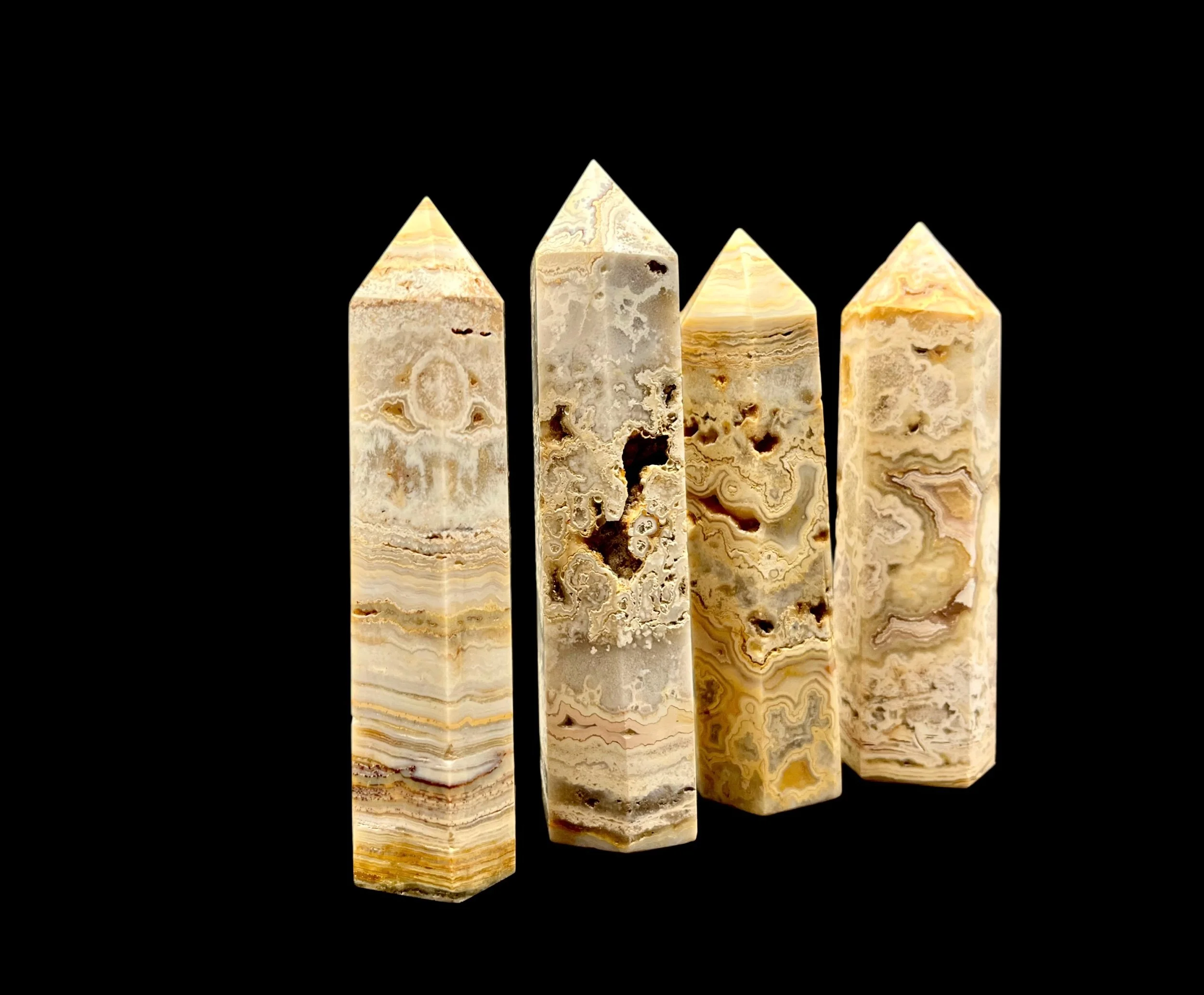 Lace Agate tower cream caramel banded scenic pattern polished crystal point Neutral Lace Agate crystal tower ivory honey fortification banding