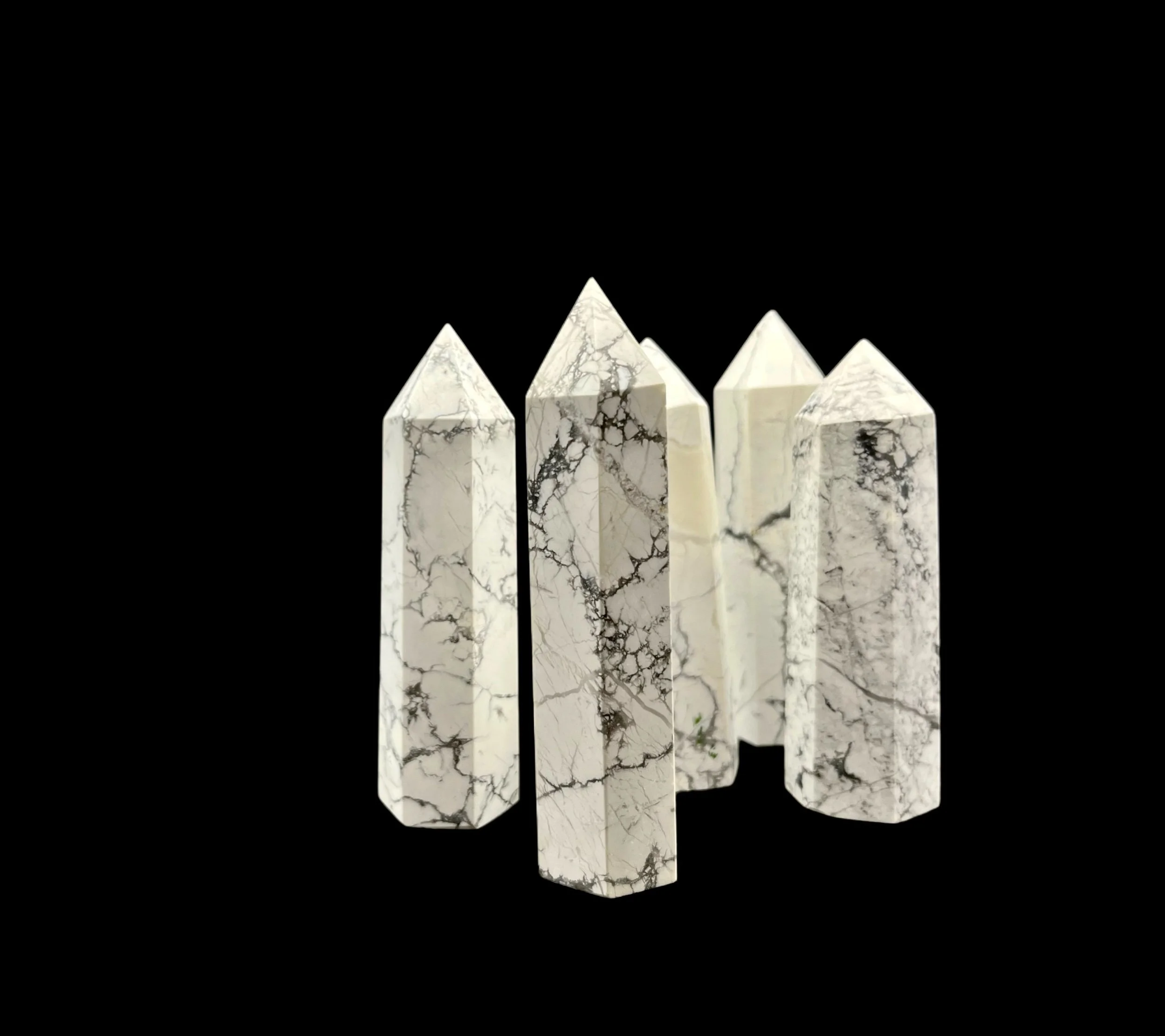Natural Howlite tower white crystal point with gray spiderweb veining Polished Howlite crystal tower with black and gray marble-like patterns