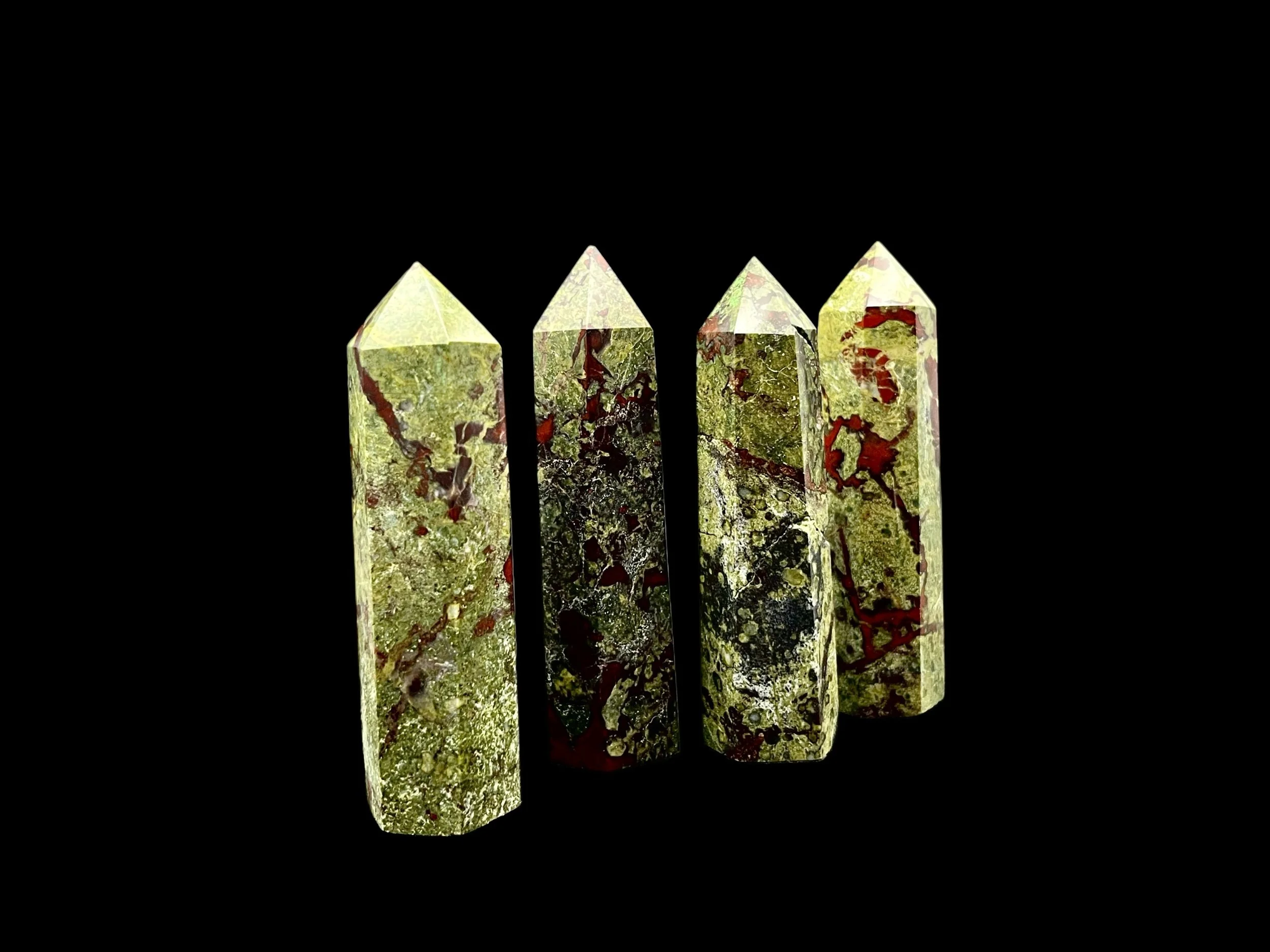Dragon’s Bloodstone tower with green and red natural patterns polished crystal point Natural Dragon Bloodstone crystal tower with vivid red markings