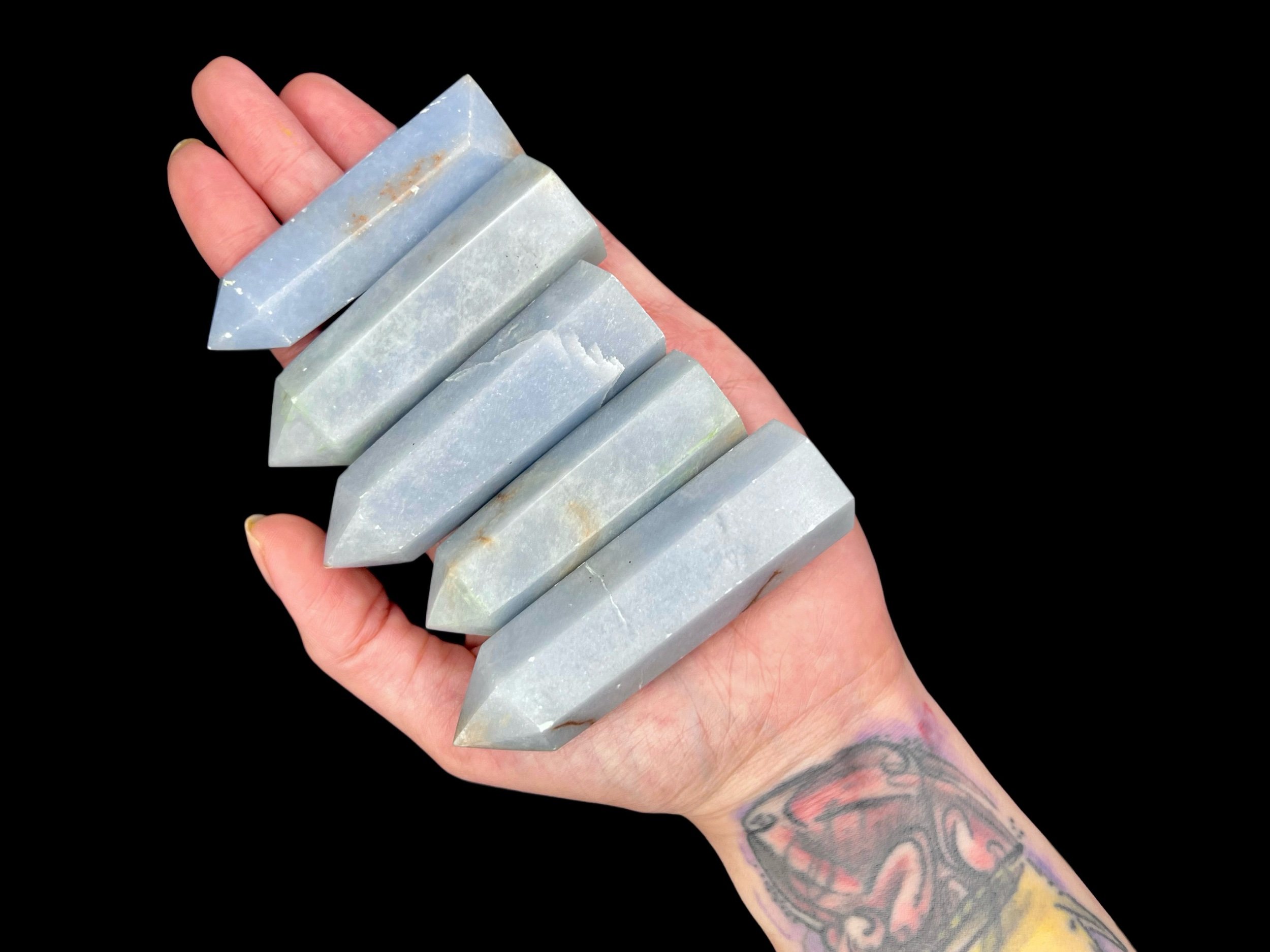Natural Angelite tower with powder blue tones and matrix accents Blue anhydrite Angelite polished crystal point tower