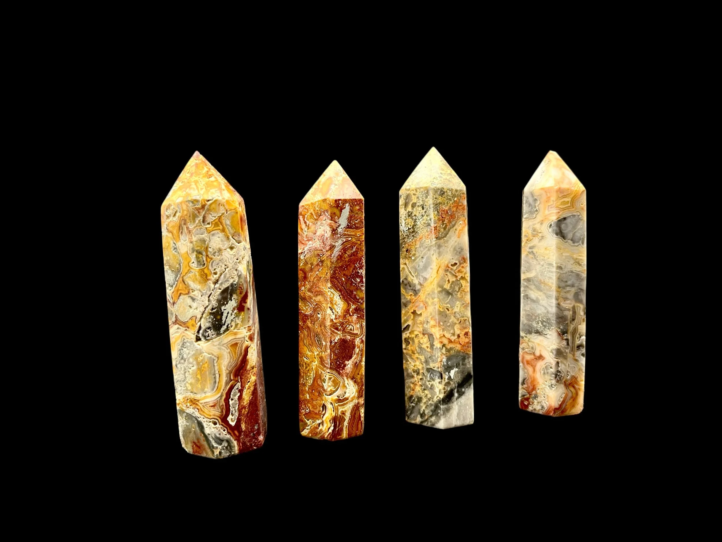 Crazy Lace Agate tower with orange cream and gray banding polished crystal point Natural Crazy Lace Agate crystal tower with intricate lace patterns