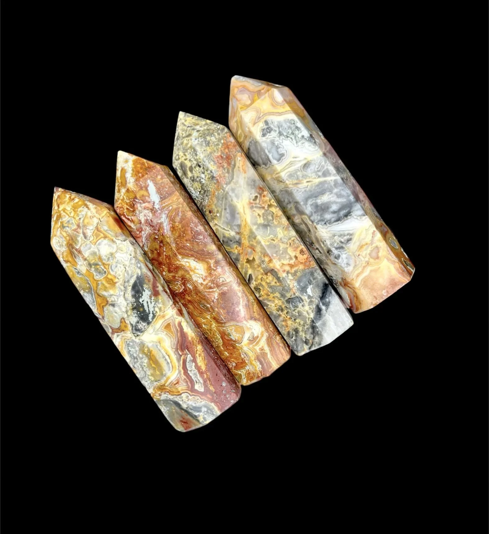 Fiery Crazy Lace Agate polished point with scenic banding Banded Crazy Lace Agate tower in orange and gray tones