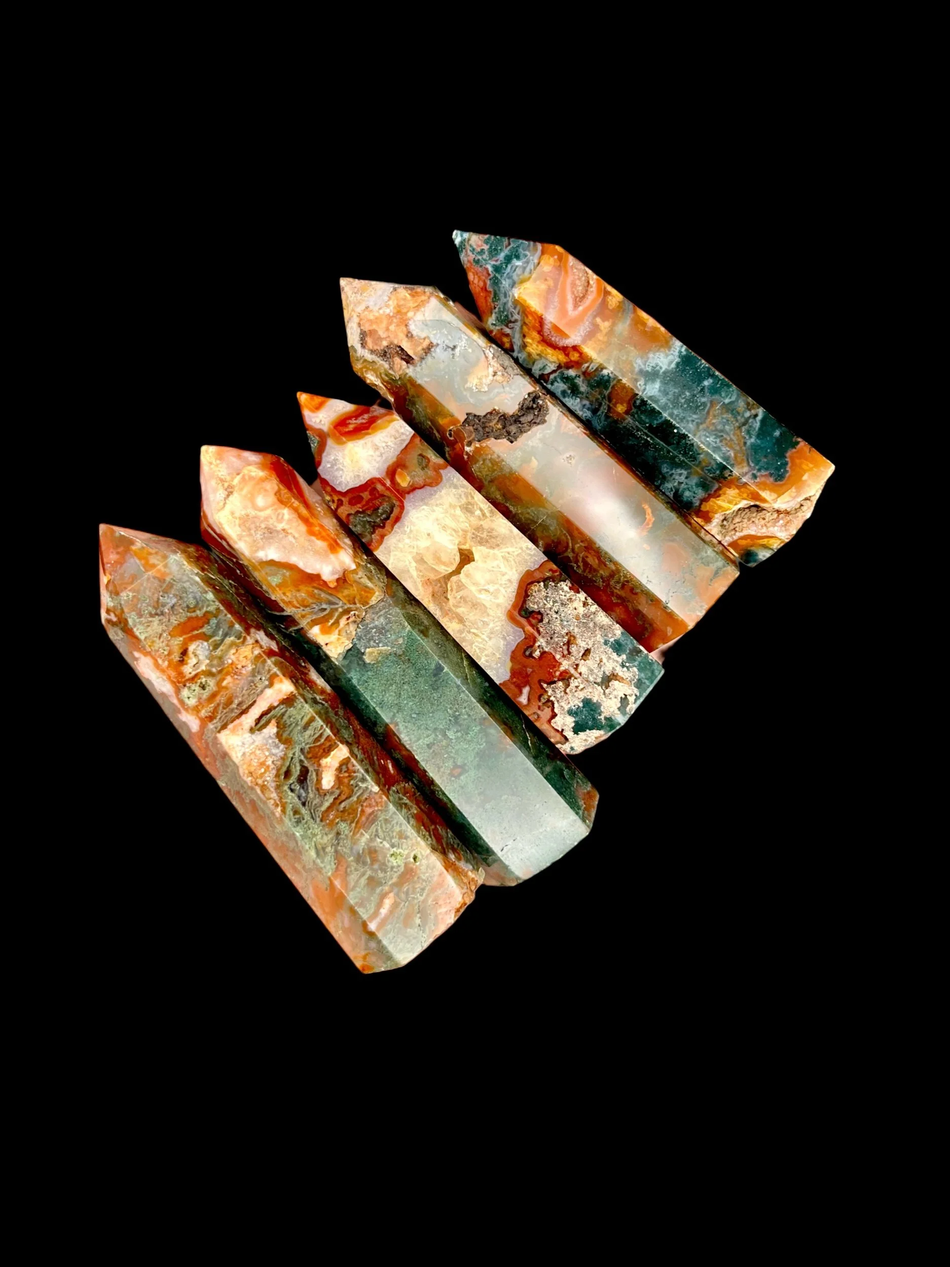 Red Moss Agate tower with green and orange scenic patterns polished crystal point Natural Red Moss Agate crystal tower with Carnelian inclusions