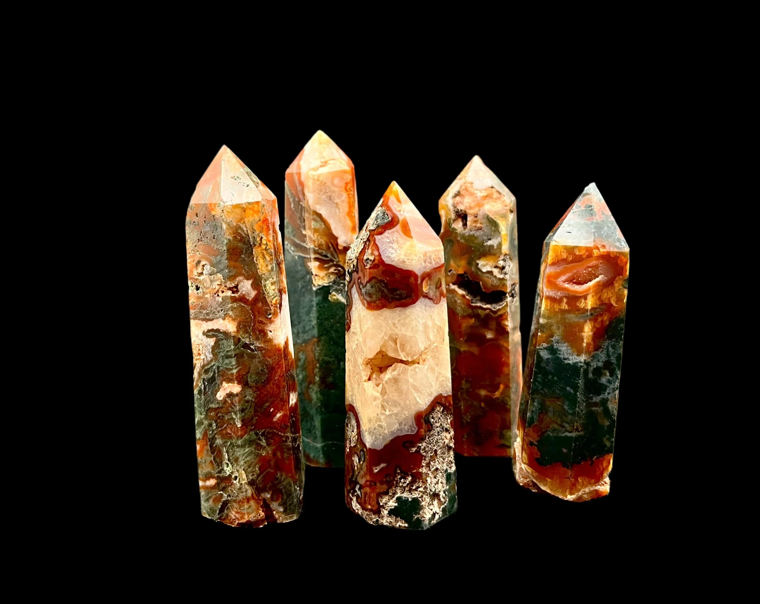 Moss Agate and Carnelian combination polished point tower Scenic Red Moss Agate tower with earthy green and fiery orange tones