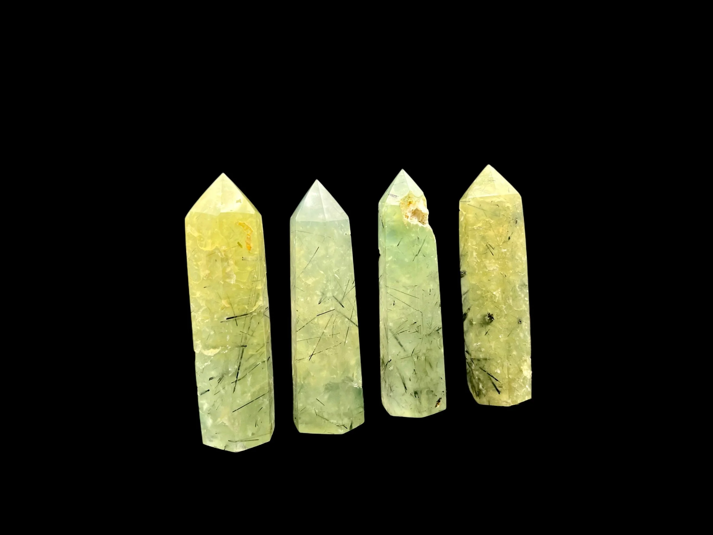 Prehnite with Epidote tower natural green Prehnite crystal tower with Epidote inclusions Natural Prehnite with Epidote polished point needle-like Epidote inclusions