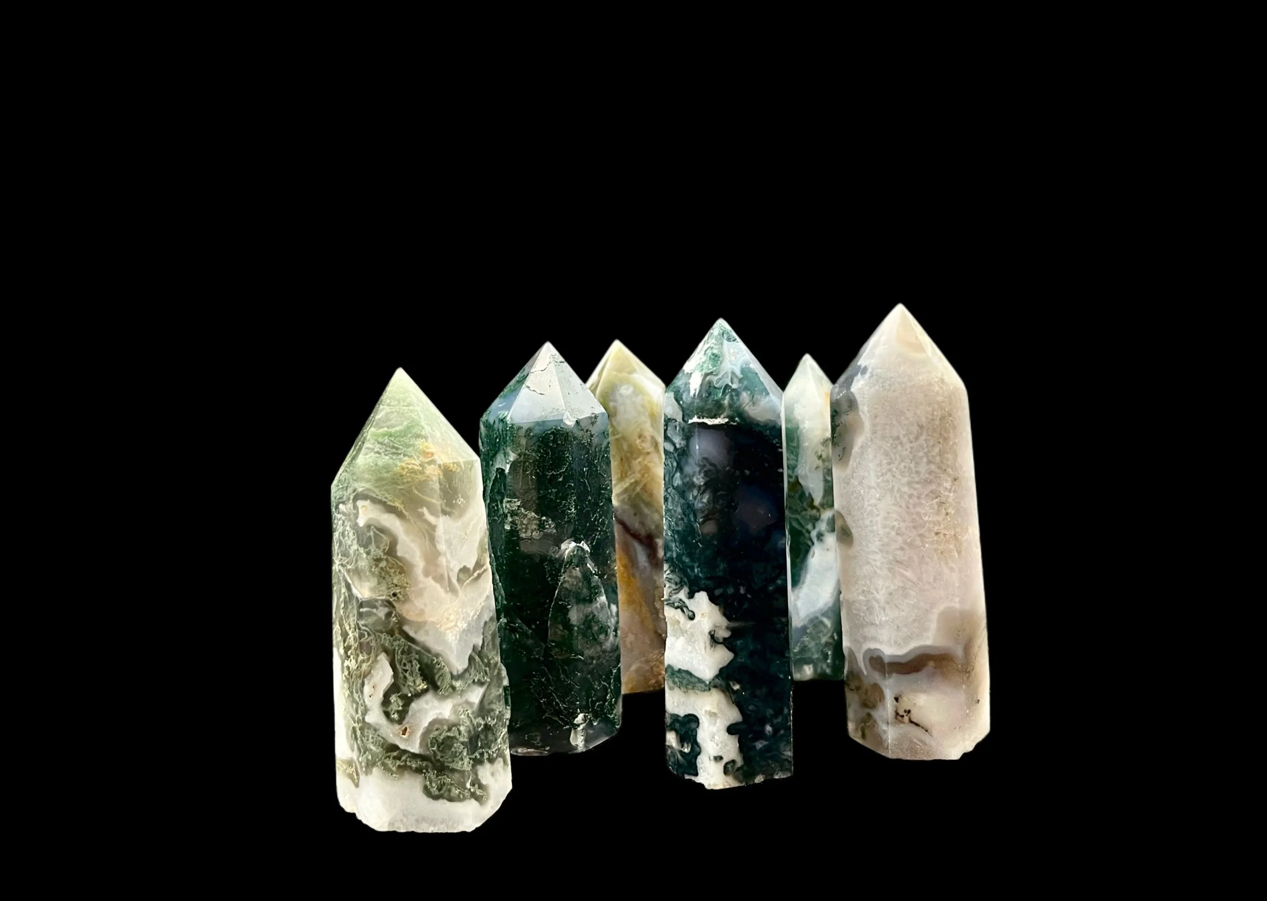 Moss Agate tower with scenic green inclusions polished crystal point Natural crystal tower