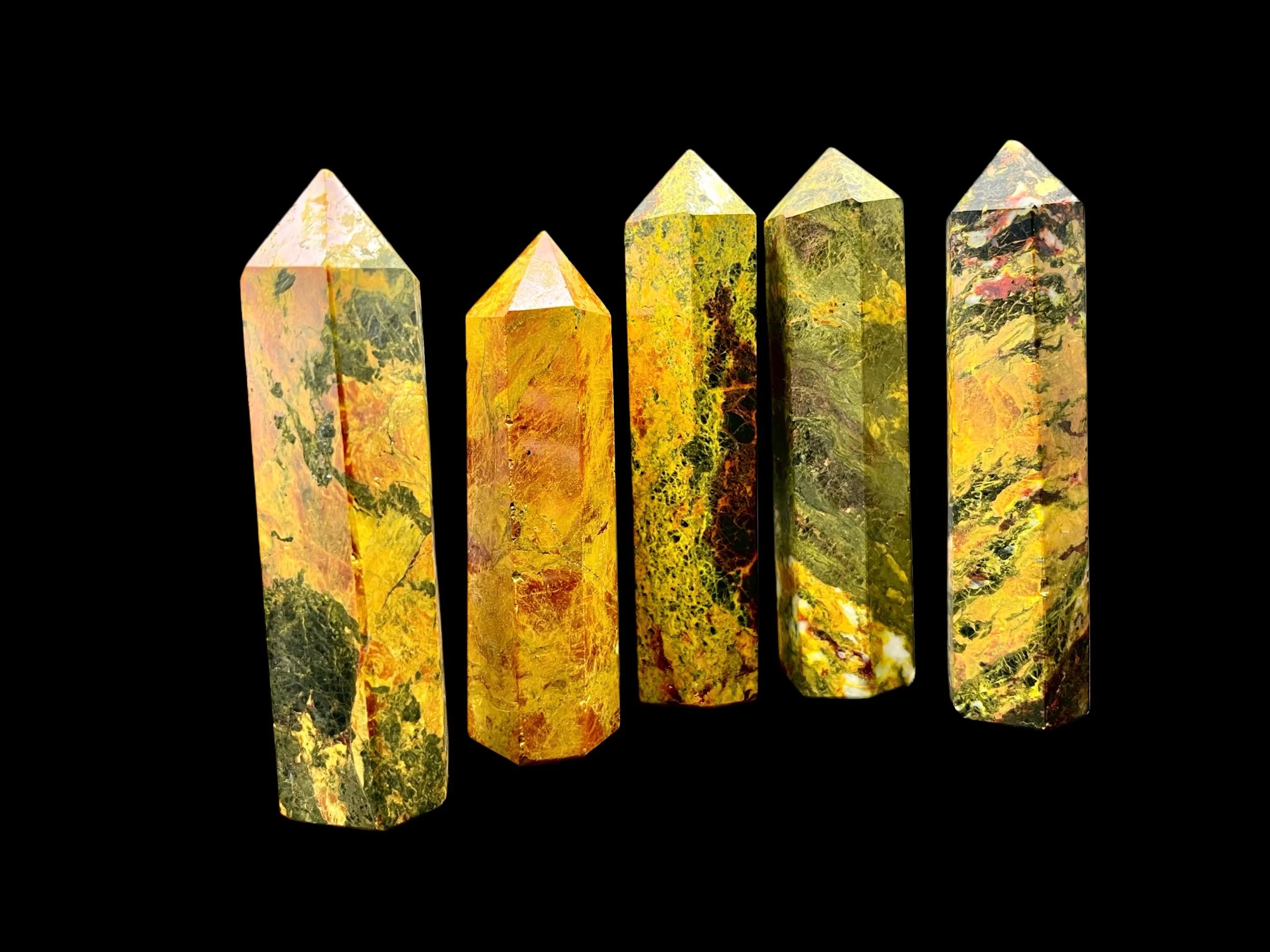 Orpiment and Realgar tower with yellow orange natural patterns polished mineral point Rare Orpiment Realgar crystal tower with vivid fiery colors