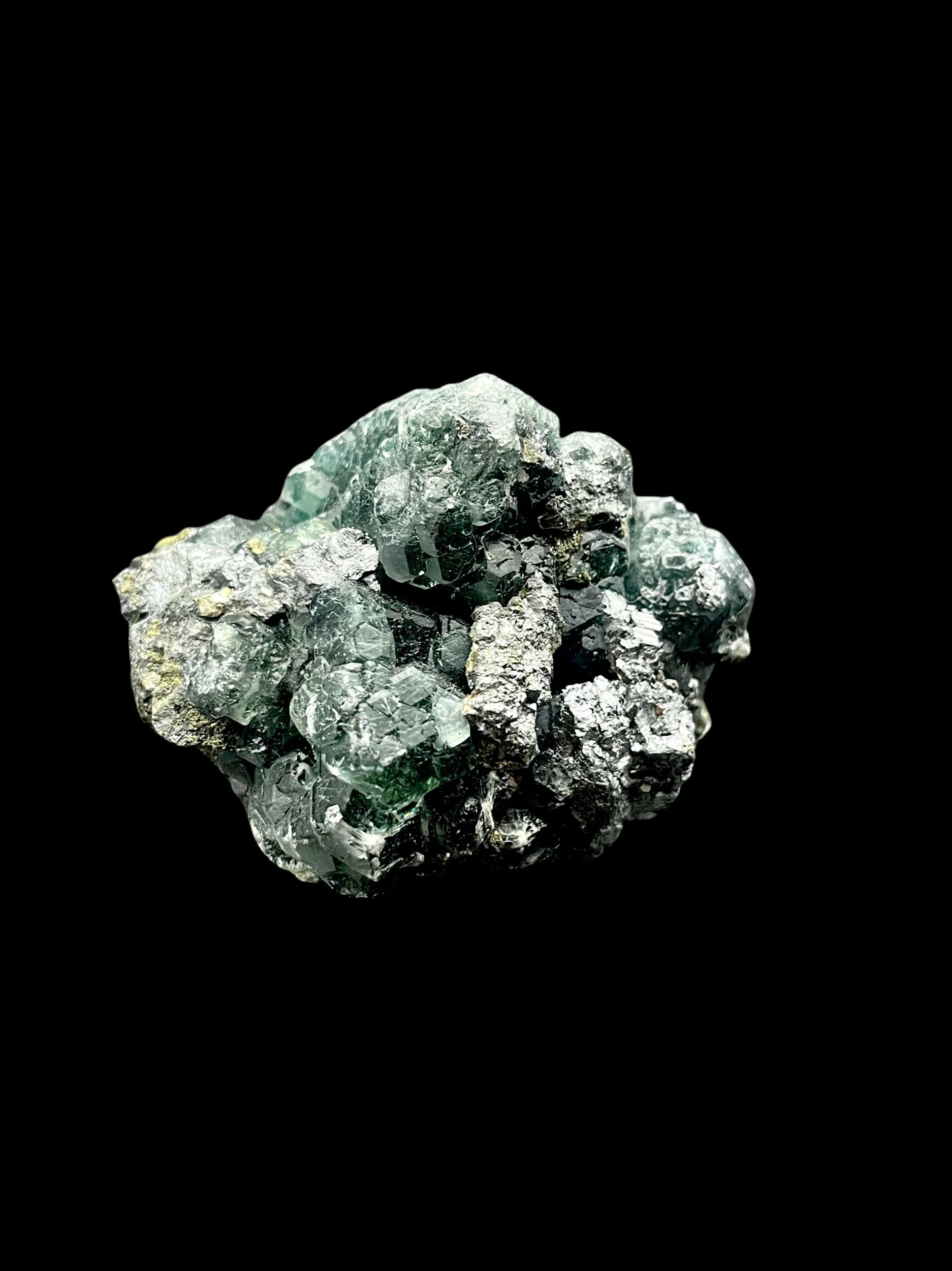 Green Fluorite with silver Boulangerite inclusions and Galena crystals Peru mineral specimen