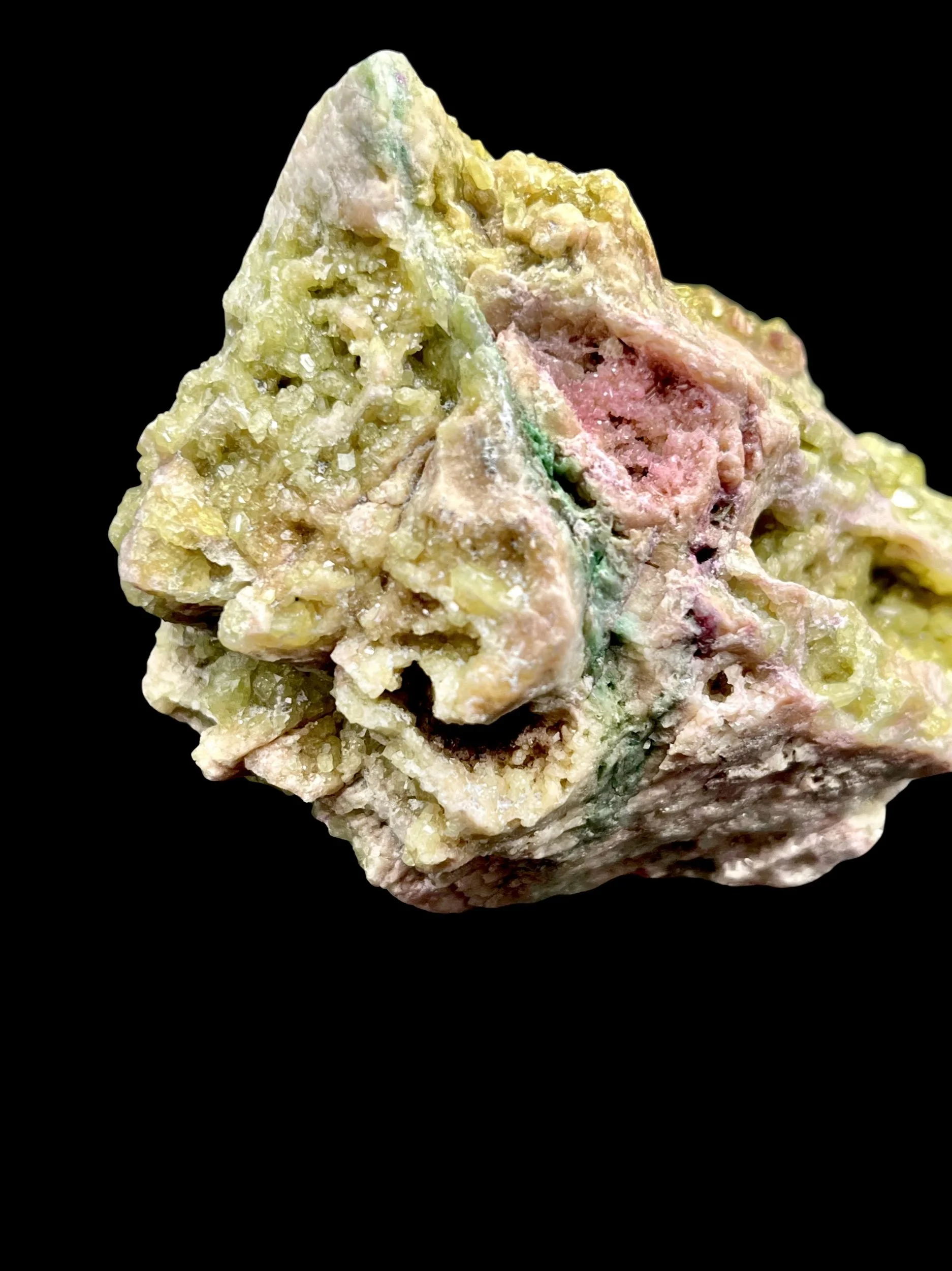 Rare large green and pink Vesuvianite with sparkling druzy crystal cavities