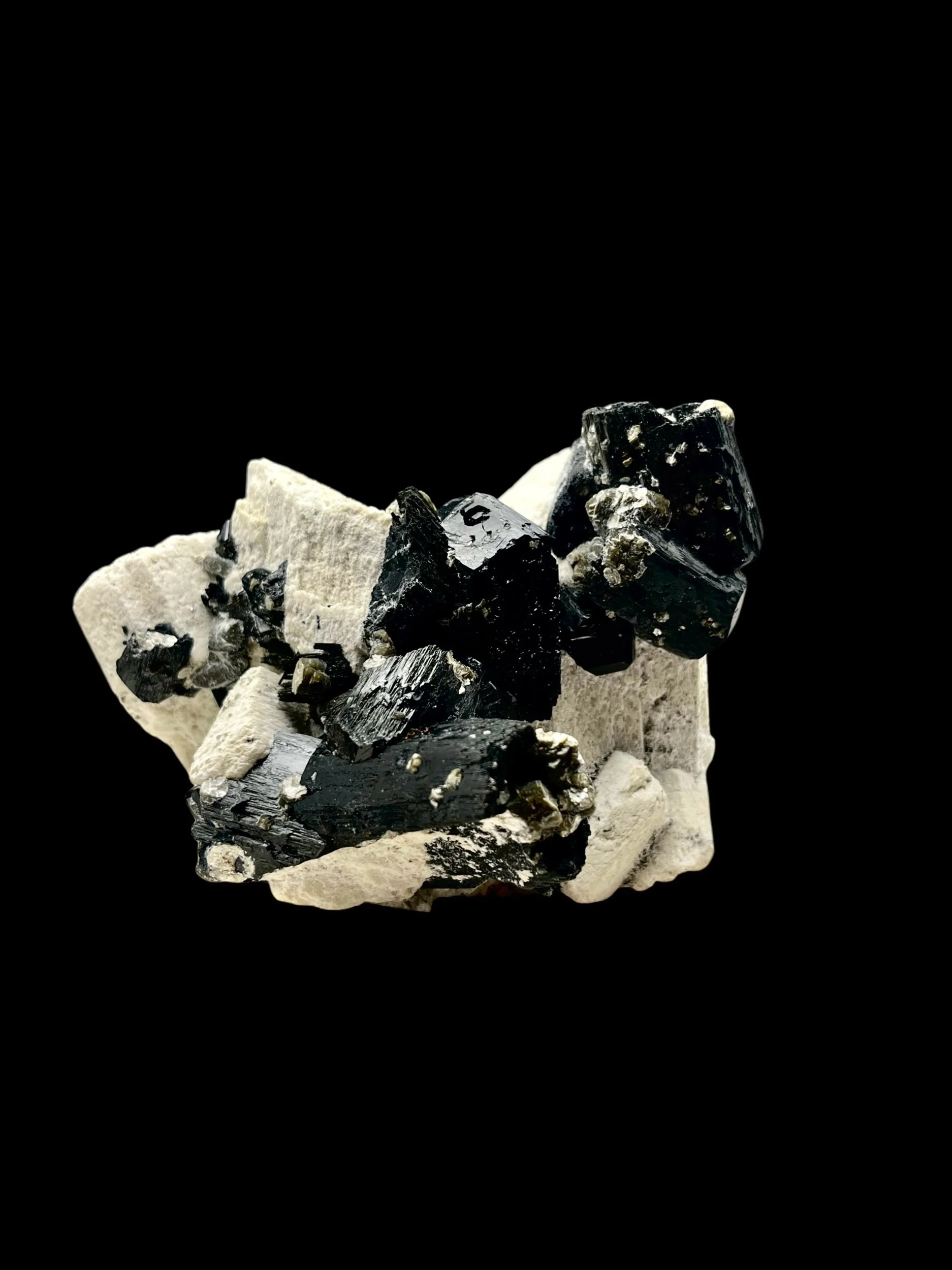 Black tourmaline on feldspar with fluorescent hyalite opal from Erongo Mountains Namibia