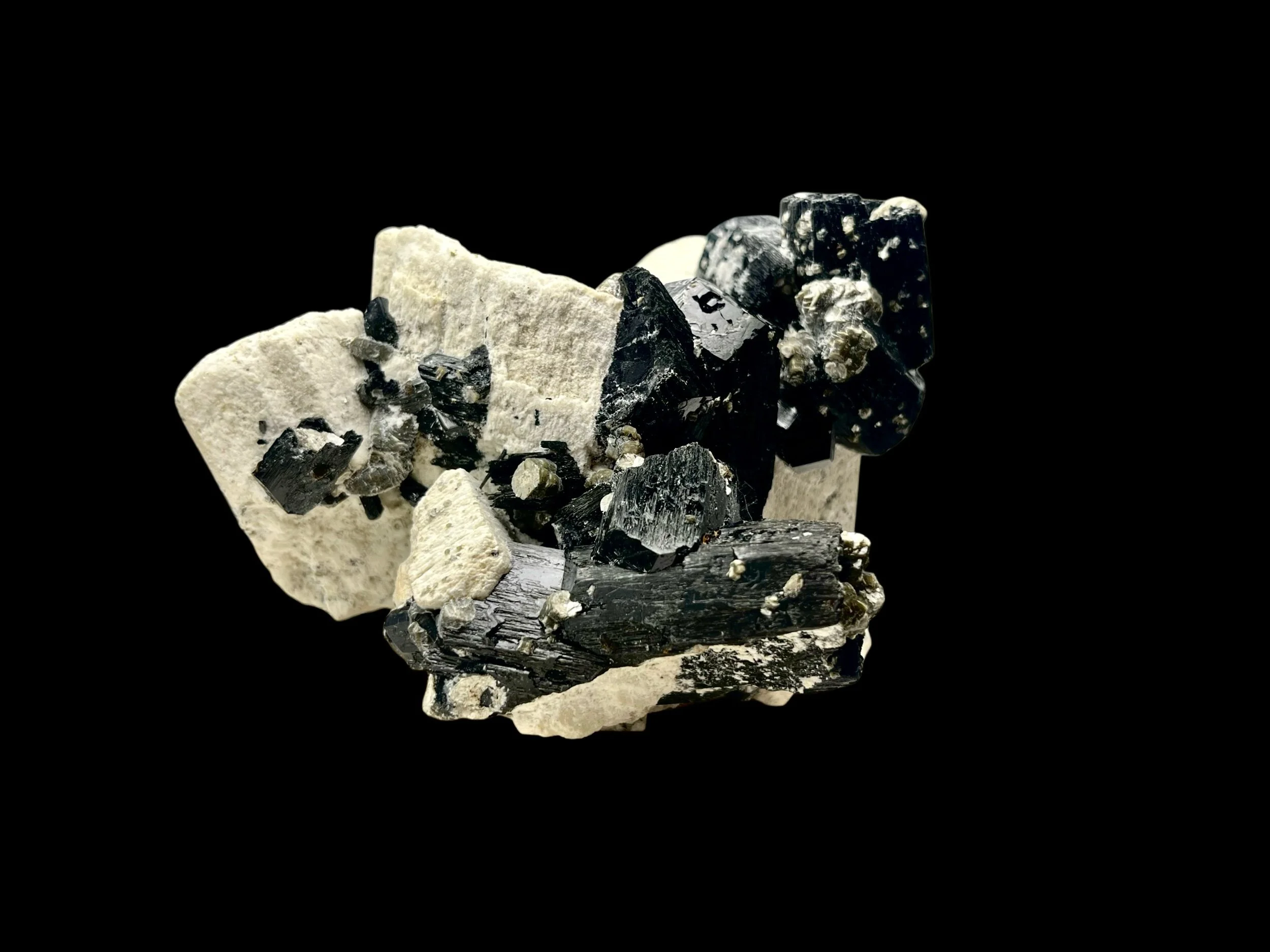 Erongo Mountains black tourmaline specimen with feldspar and green fluorescent hyalite opal