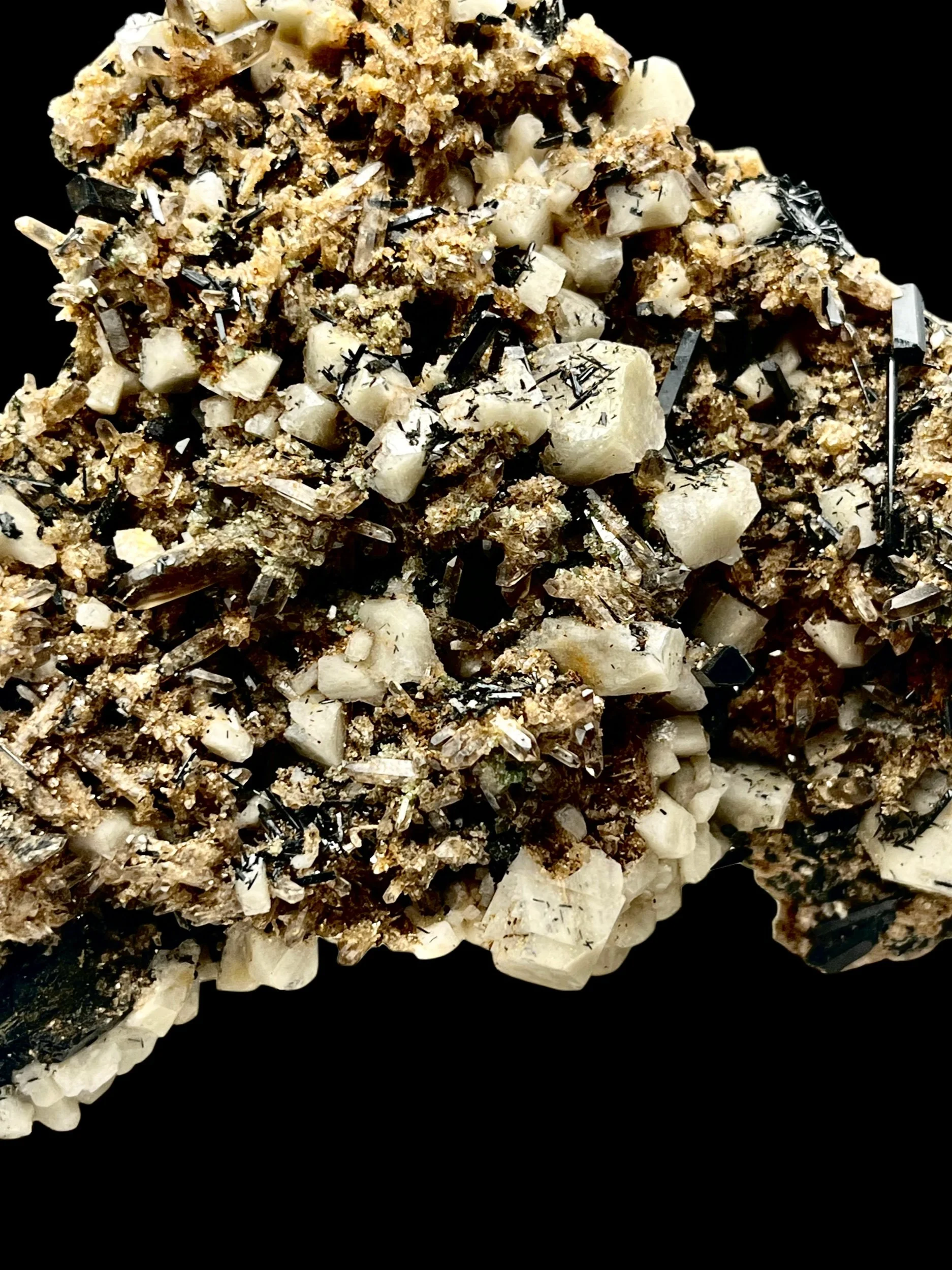 High contrast black tourmaline and creamy calcite mineral association from Namibia