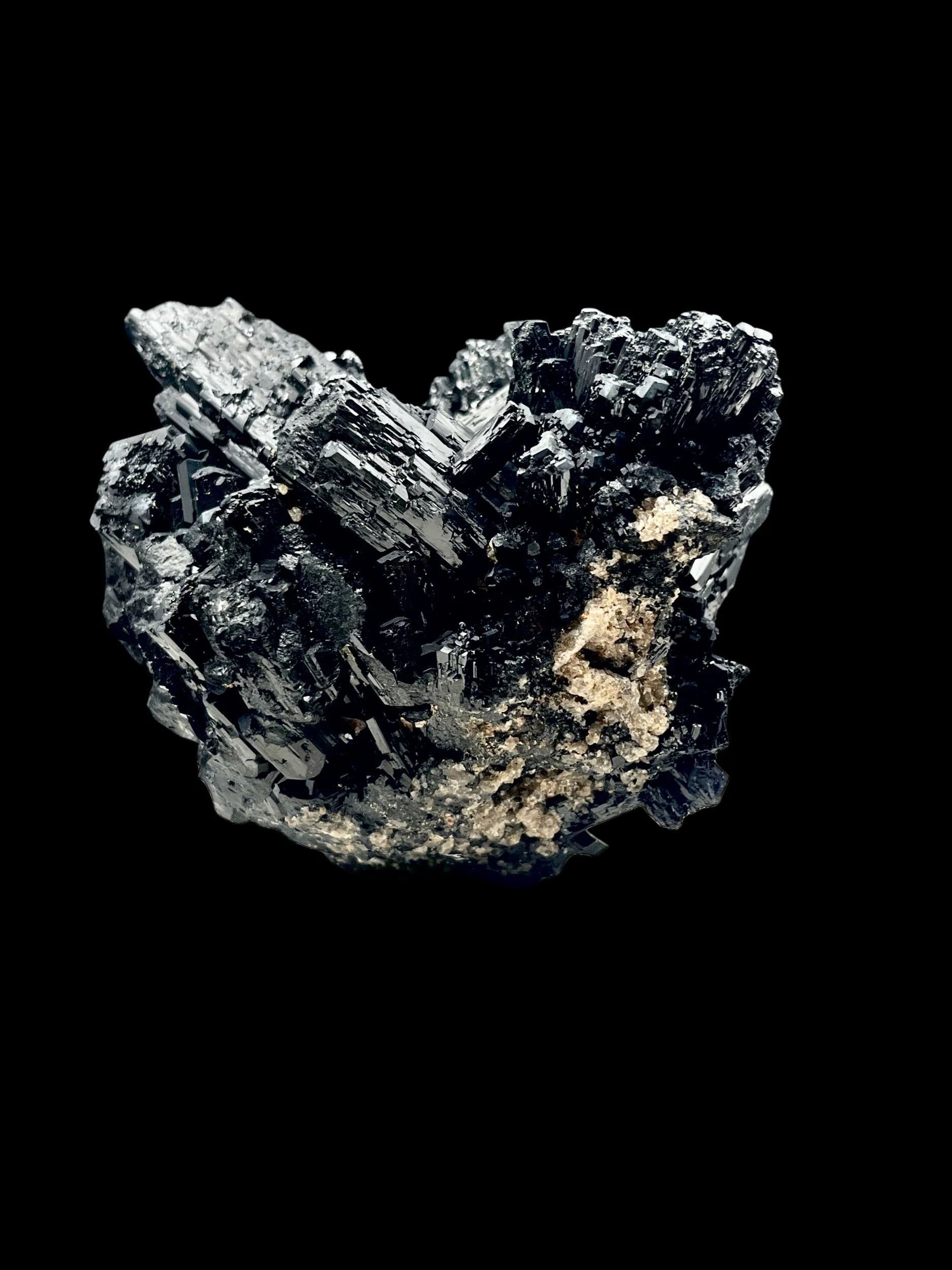 Multi-directional black tourmaline crystal cluster from Namibia