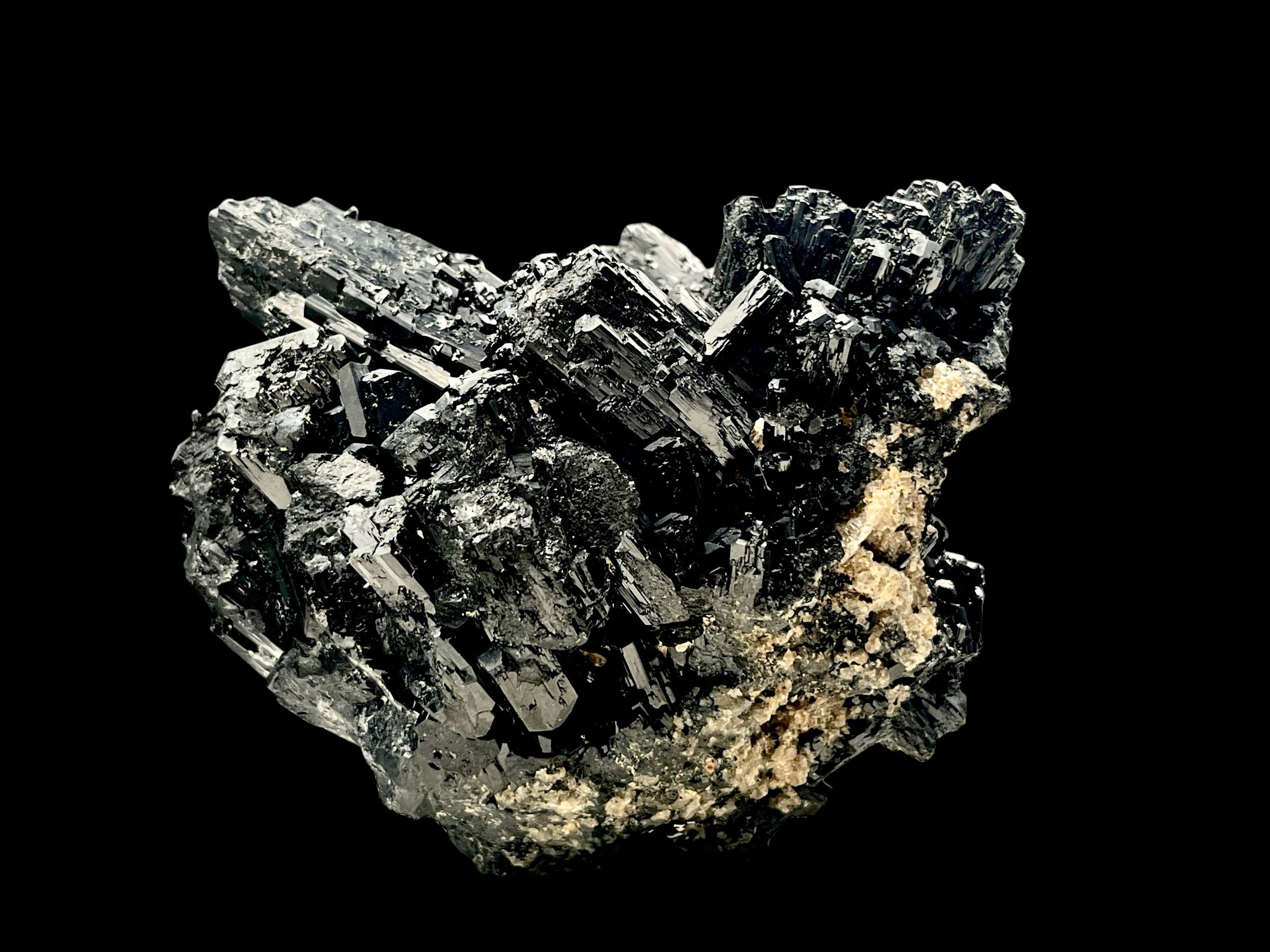 Dense intergrown black tourmaline crystal formation from Erongo Mountains