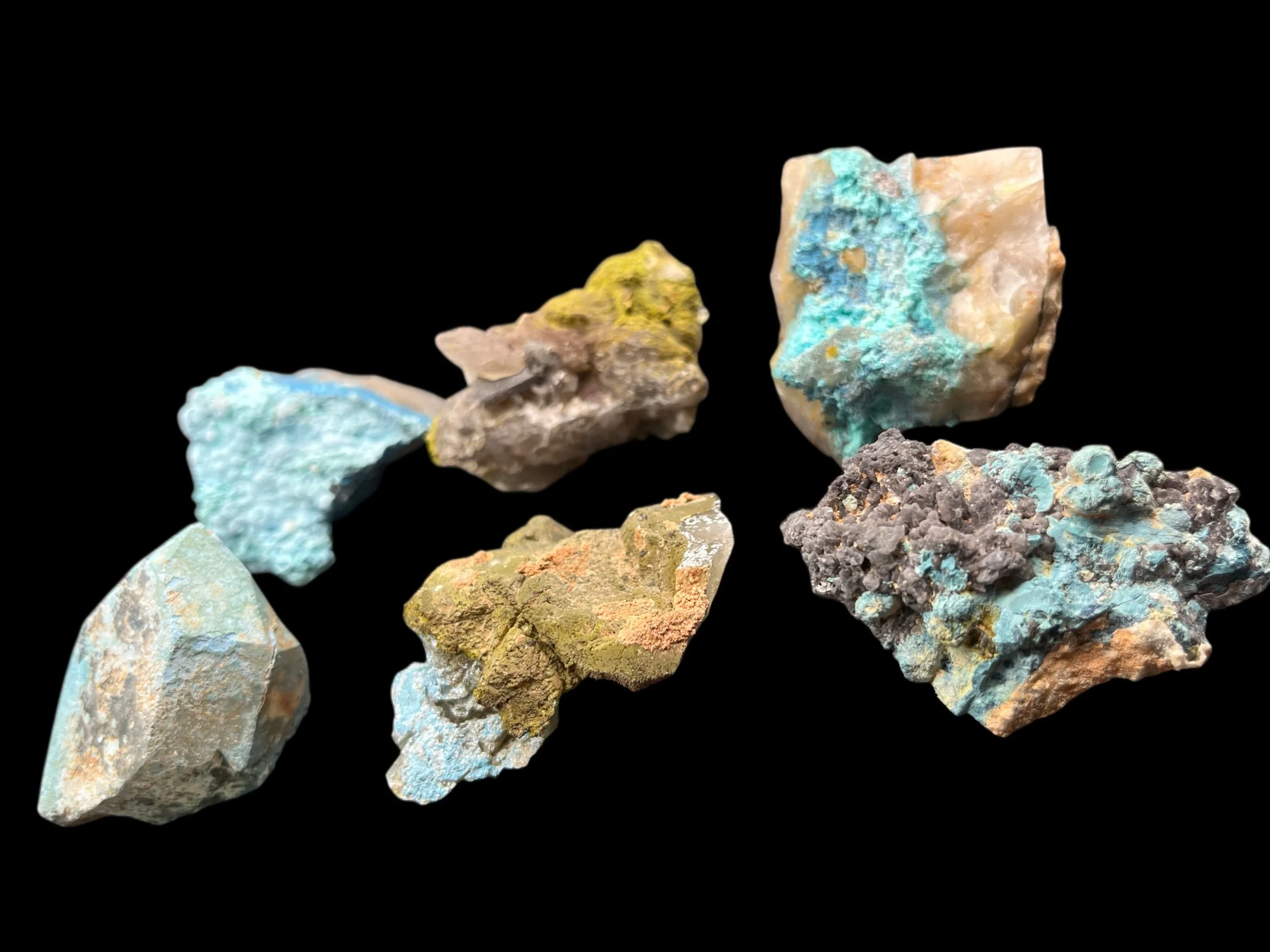 Multi-mineral copper specimen from Namibia with botryoidal Chrysocolla and Shattuckite textures