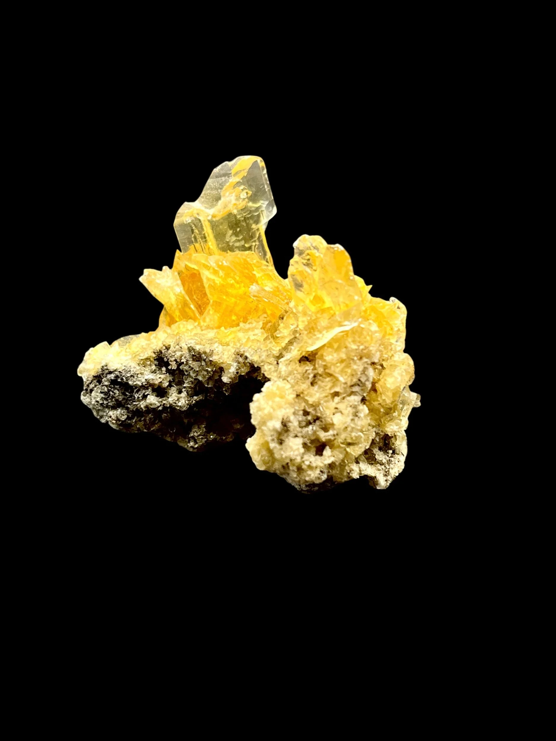 UV reactive Selenite crystal specimen with transparent yellow blades