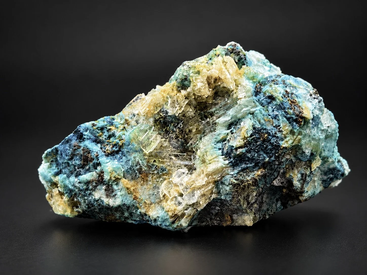 Blue selenite mineral specimen with turquoise shattuckite, translucent crystal clusters, and dark marcasite from Mexico