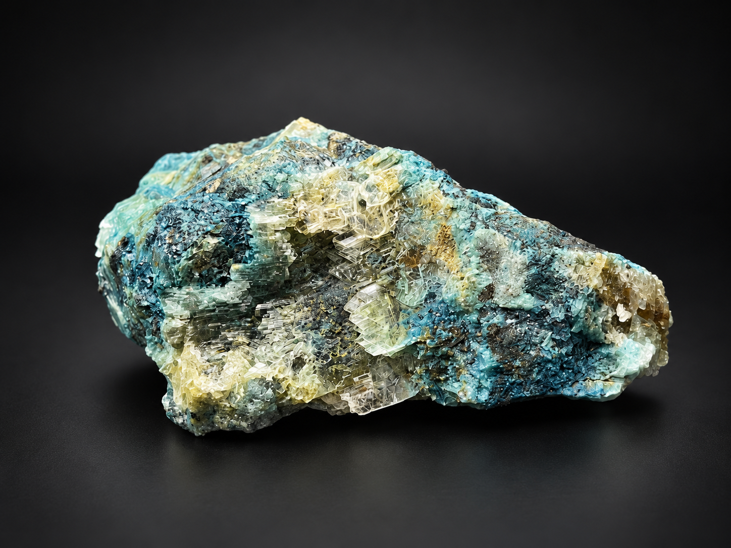 Broad surface of blue selenite and shattuckite specimen with vibrant aqua-blue patches, dark mineral textures, and pale crystalline formations.