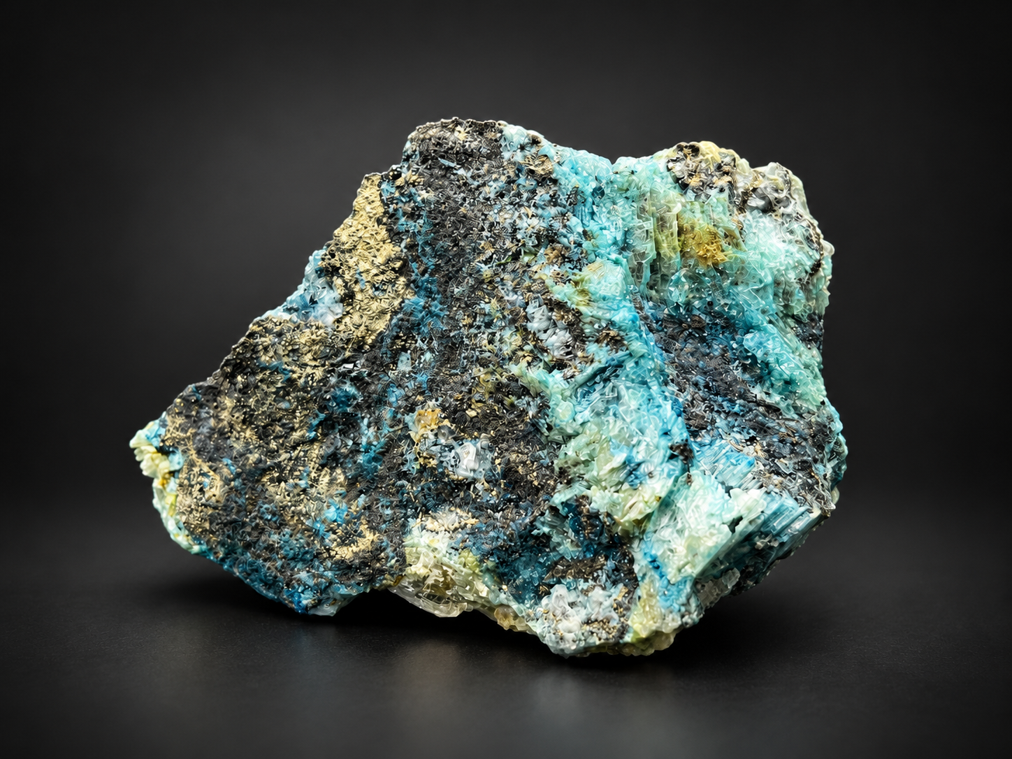 Blue selenite mineral specimen with turquoise shattuckite, translucent crystal clusters, and dark marcasite from Mexico
