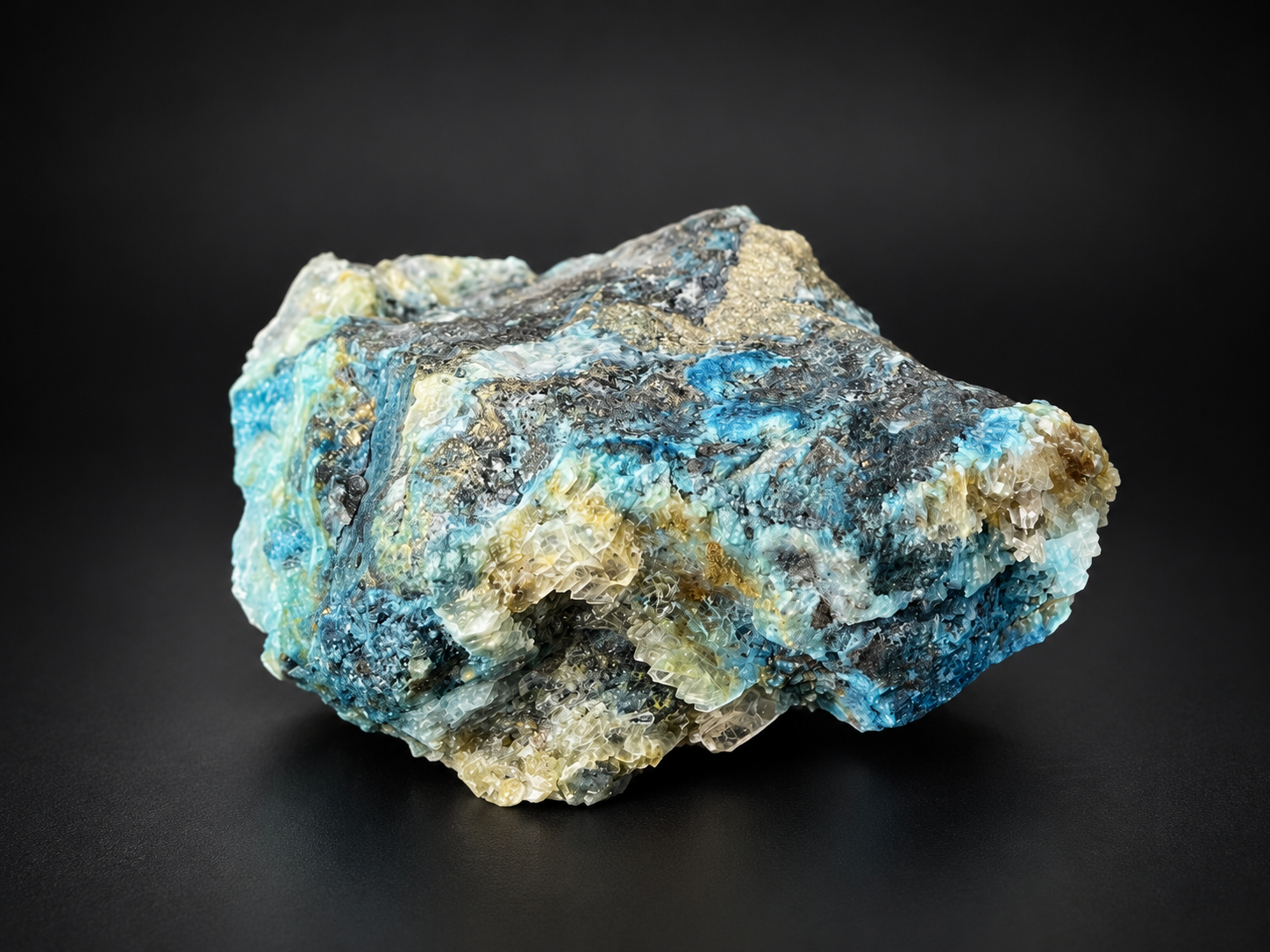turquoise-blue shattuckite with translucent bladed selenite crystals and contrasting dark metallic mineralization.