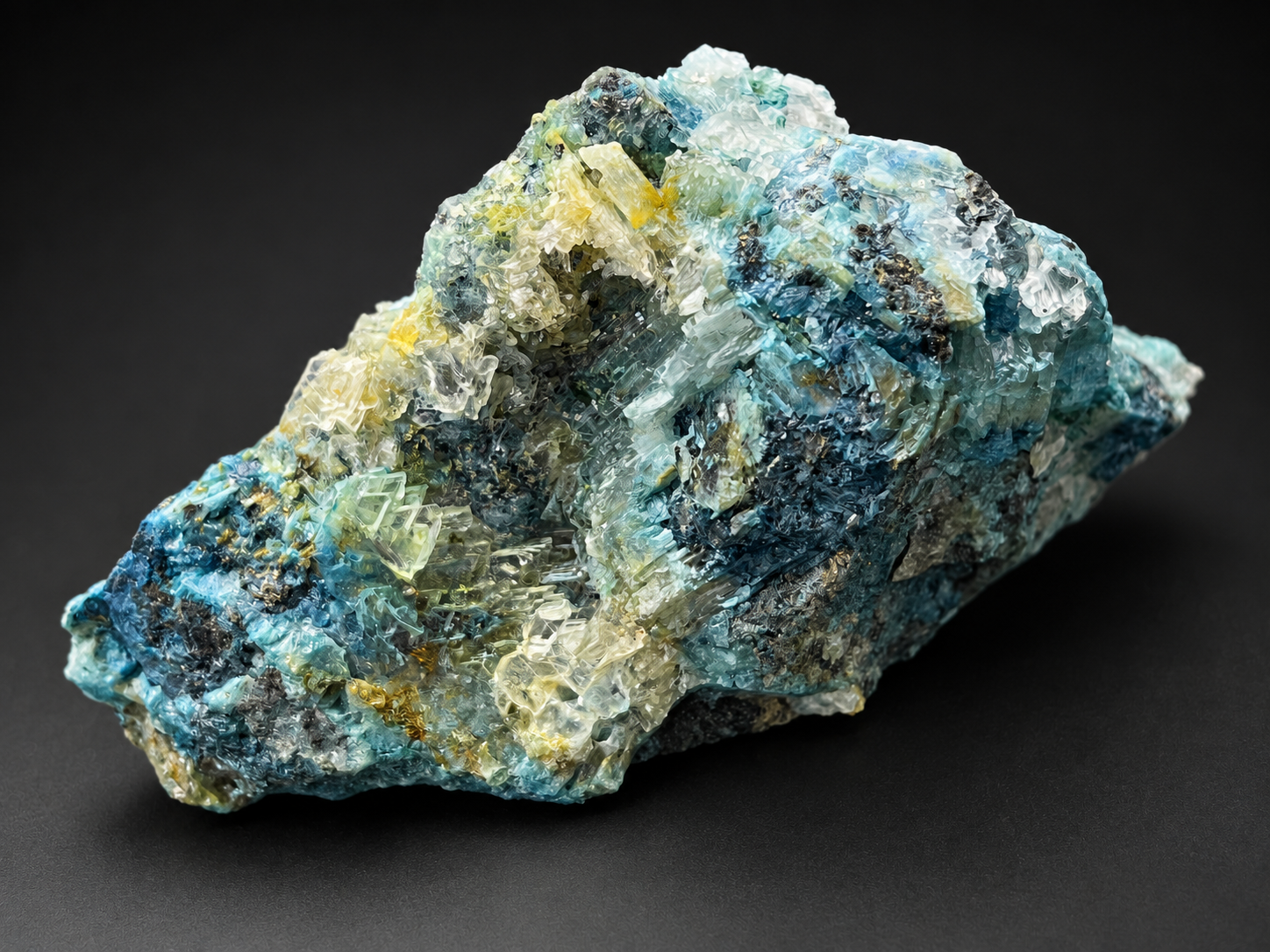 Mexican blue selenite specimen showing dark mineral matrix, bright blue patches, and delicate pale crystalline edges.