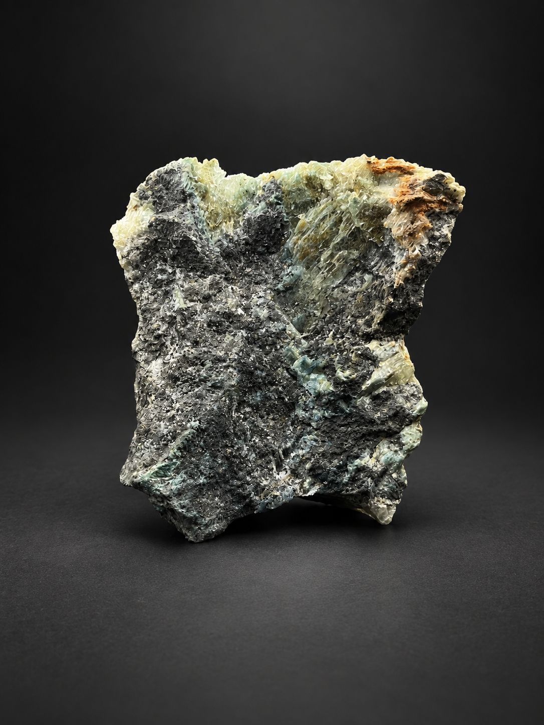 Blue Selenite on Shattuckite specimen from Ojuela Mine, Mexico, featuring pale green and yellow crystal formations on dark charcoal matrix