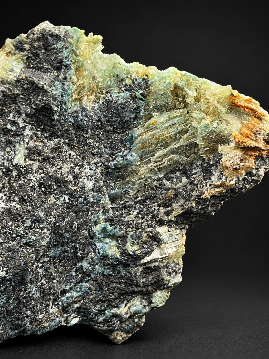 Blue Selenite on Shattuckite specimen showing delicate pale yellow-green crystals and turquoise-blue mineralization across dark matrix.