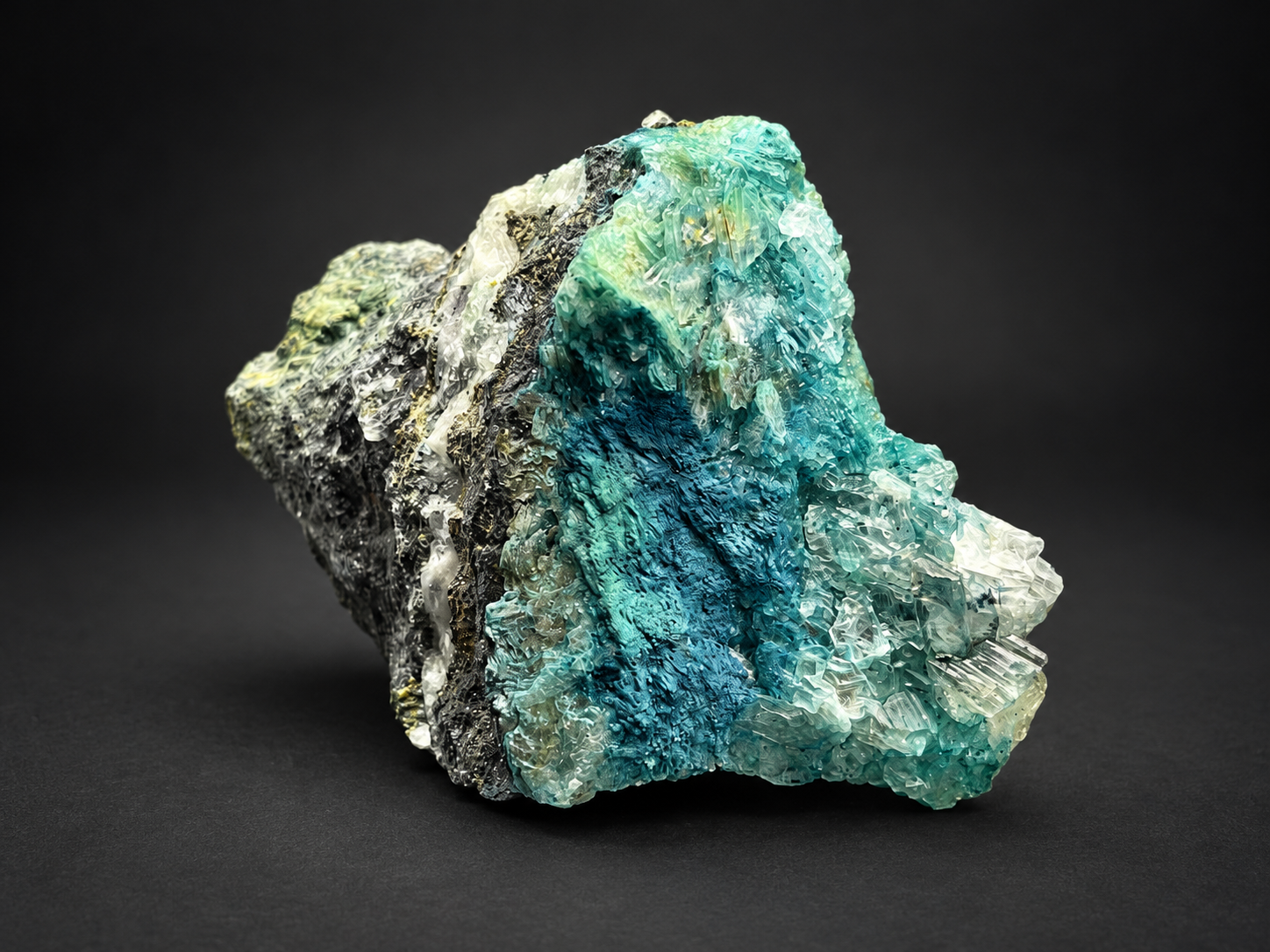 Blue Selenite on Shattuckite specimen from Ojuela Mine, Mexico, featuring vivid turquoise mineralization, clear crystals, and dark matrix