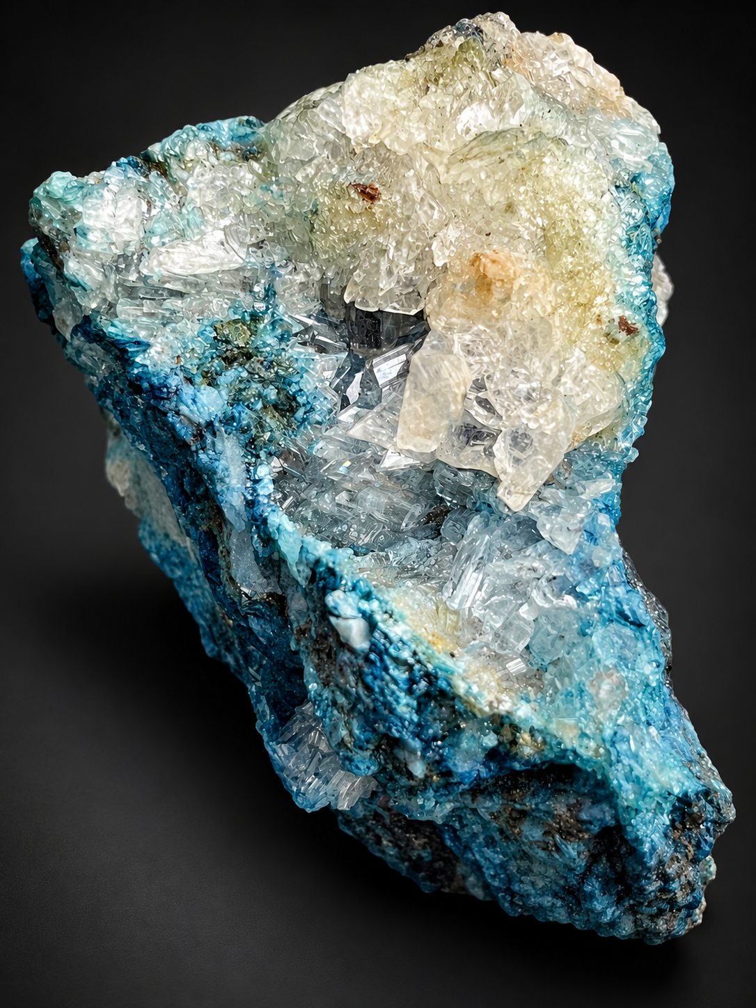 Blue Selenite on Shattuckite displaying icy-white and pale yellow crystal clusters above richly textured turquoise-blue mineralization from Ojuela Mine.