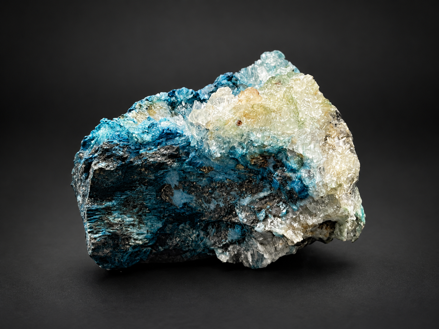 Blue Selenite on Shattuckite from Ojuela Mine, Mexico, showing vivid turquoise-blue mineralization, champagne-white crystal clusters, and dark matrix,