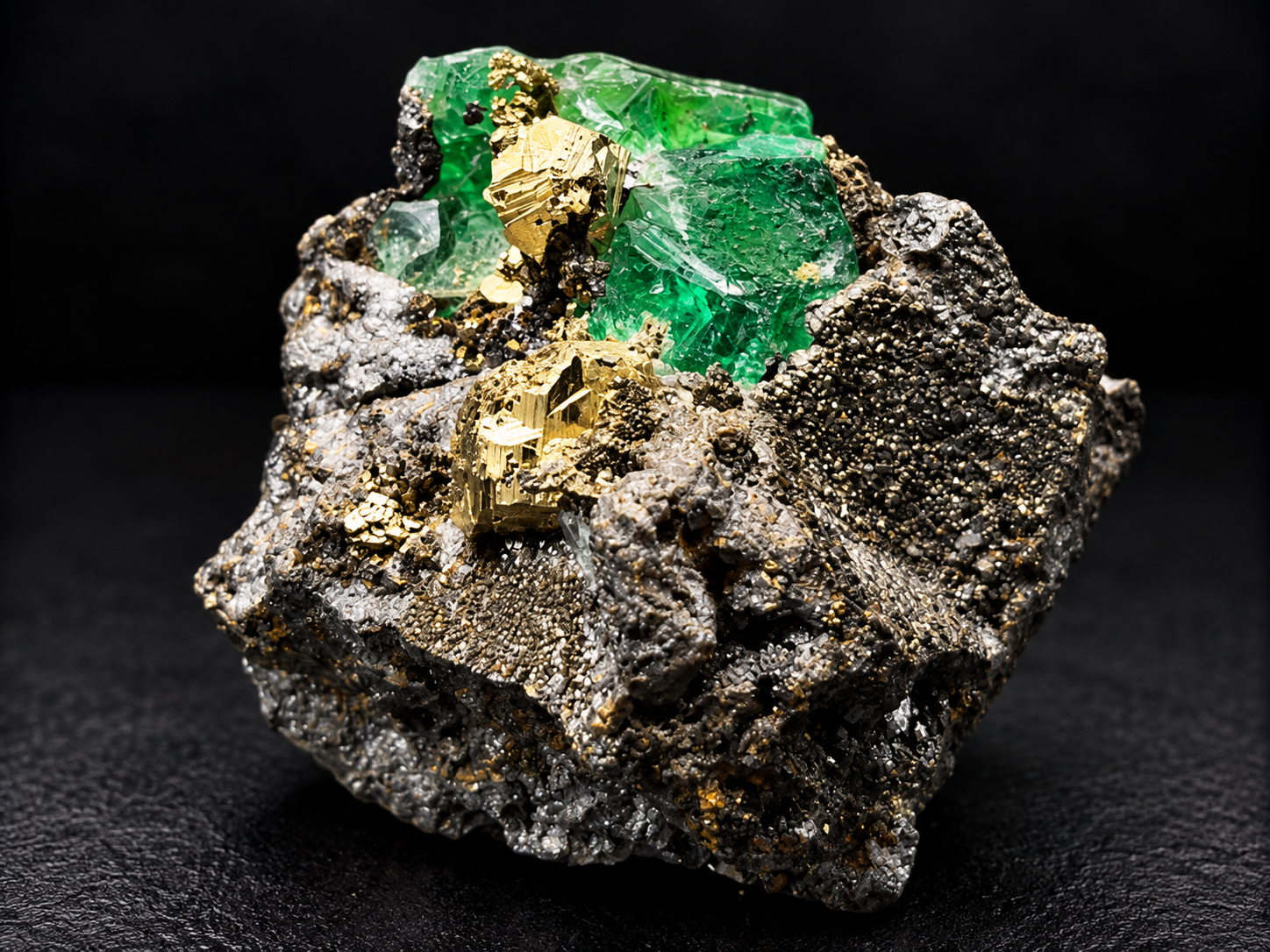 Emerald-green fluorite displaying vivid electric-blue fluorescence under ultraviolet light, contrasted with golden pyrite and dark galena from Atacocha Mine, Peru.