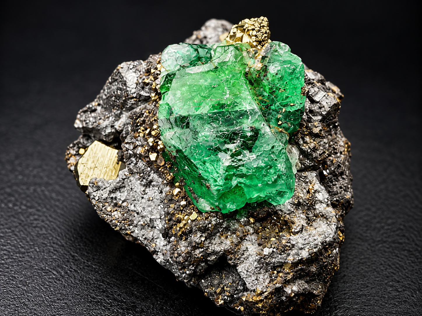 Vivid emerald-green fluorite crystals on silver-gray galena with lustrous golden pyrite from Atacocha Mine, Peru