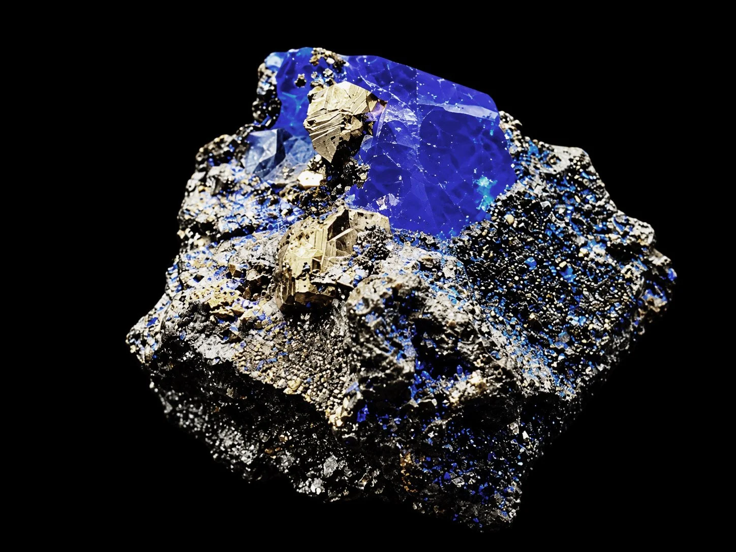 blue fluorite with glassy crystal faces resting on a textured galena matrix accented by prominent golden pyrite crystals from Peru.